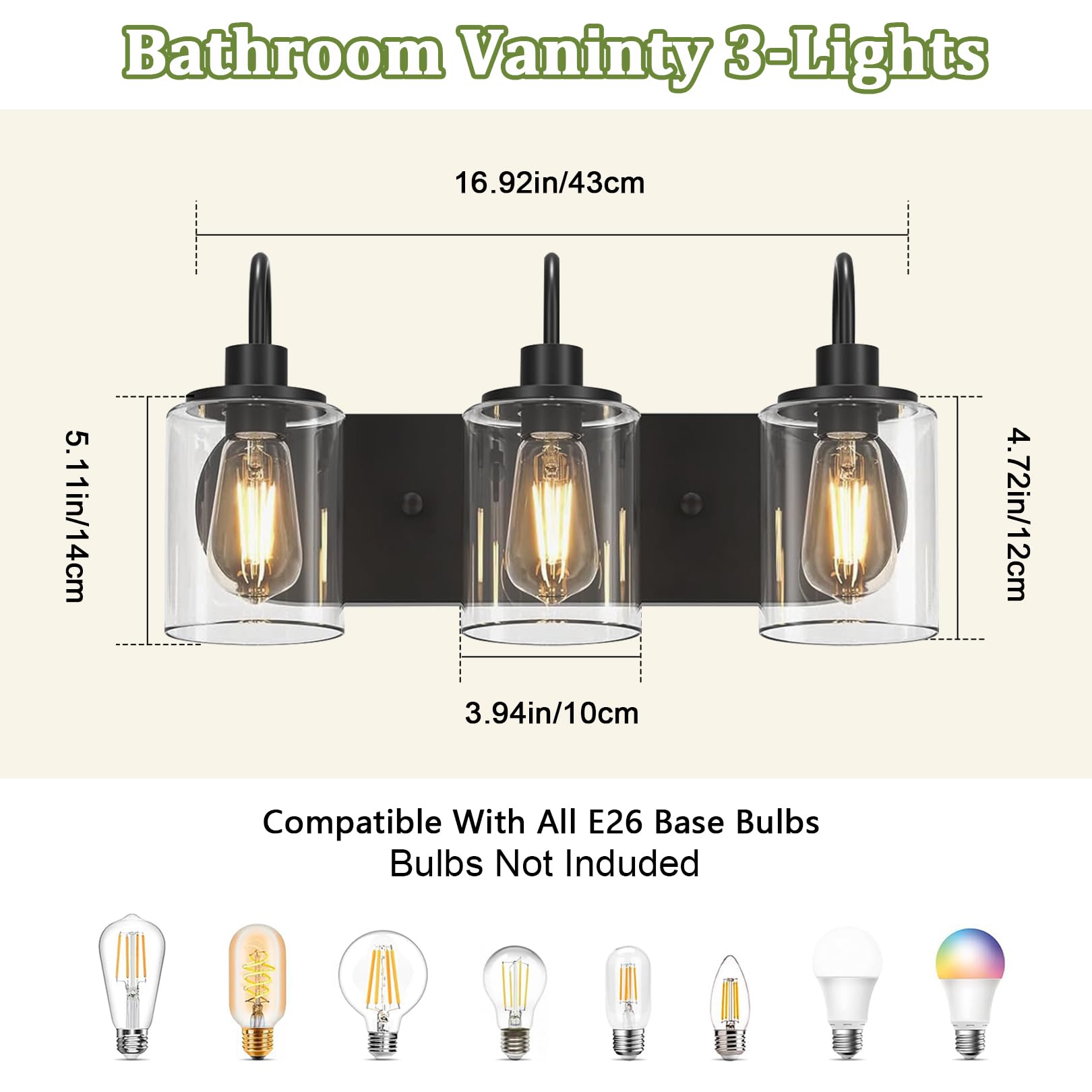 Vanity Light Fixtures With Clear Glass Shades - 3-Light Black Bathroom Light Over Mirror - Modern Wall Lamp for Bathroom, Bedroom, Living Room, Hallway, Porch