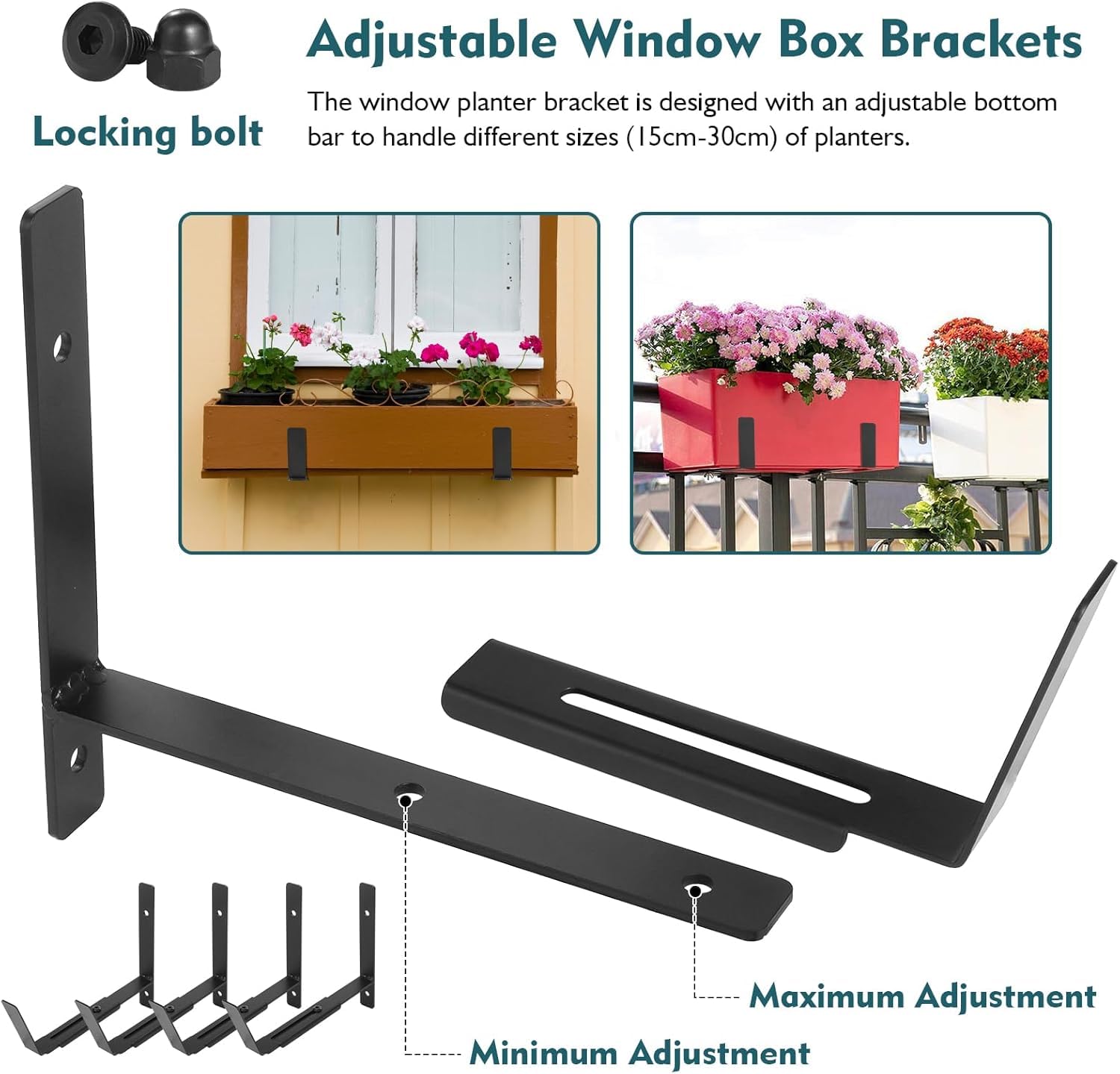 LATERN 4 Piezas Soportes para Jardineras de Ventana, 15CM - 30CM Ajustable Resistente Metal Jardinera Gancho de Montaje en Pared para Balcones Vallas Patios Jardines Pared Barandillas Repisa