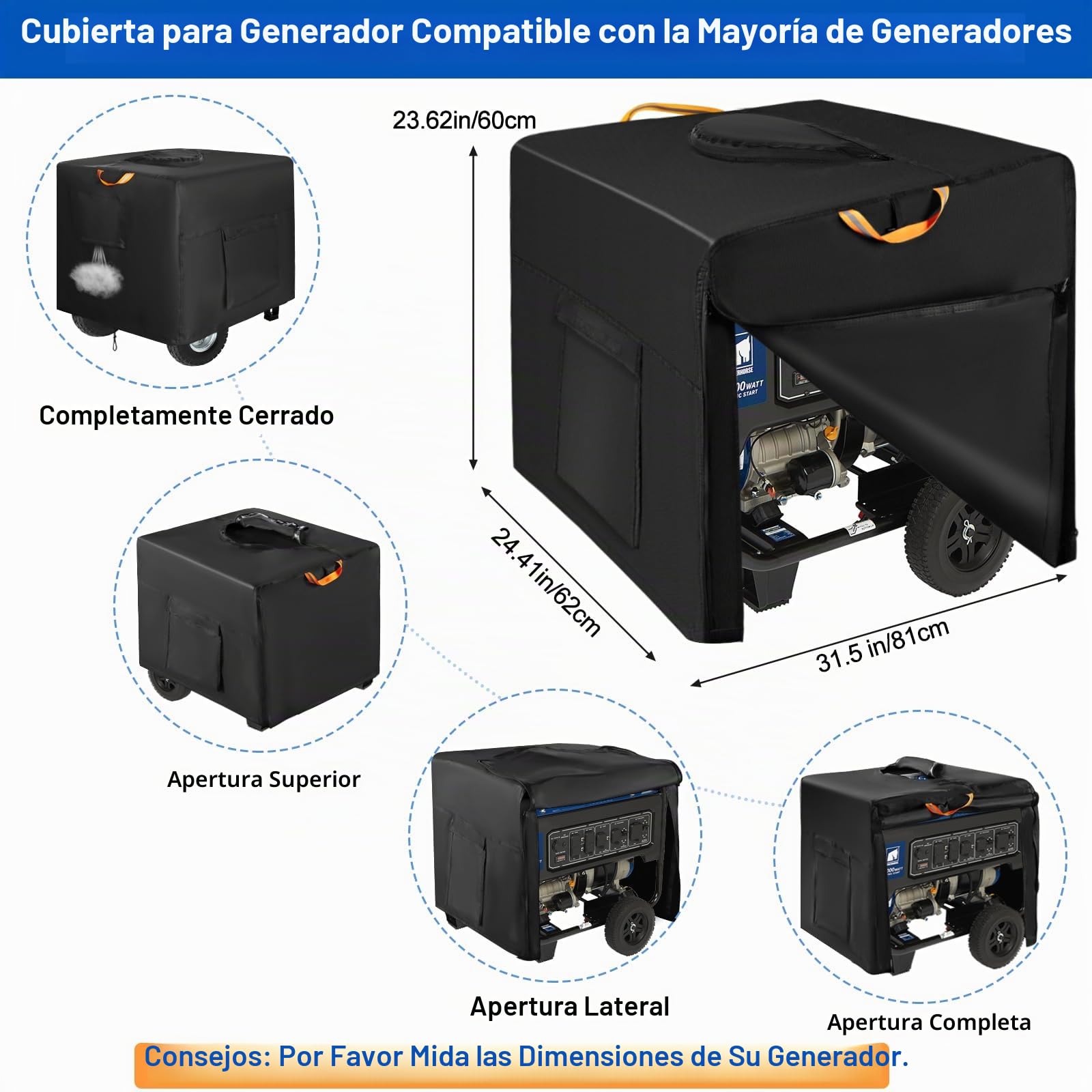 Cubierta para Generador de Exteriores con Cremallera Impermeable, 800D Oxford Fundas de Protección de Generador Universales con Asas Reflectantes, Gran Bolsillo de Almacenamiento (81 x 62 x 60 cm)