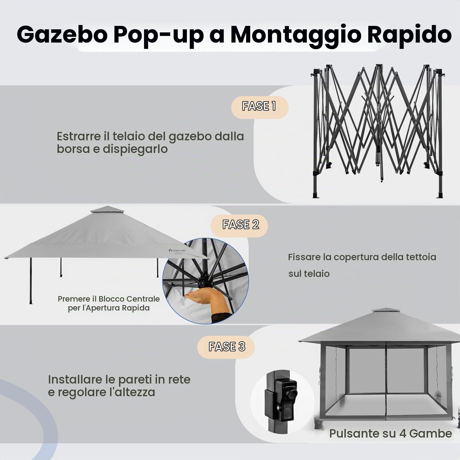 HOMASIS Gazebo Pieghevole da Giardino, Gazebo 4x4 M con Altezza Regolabile e Pareti Laterali Removibili, Gazebo Pop-Up con Zanzariera e Borsa per il Trasporto, per Patio, Spiaggia (Grigio)