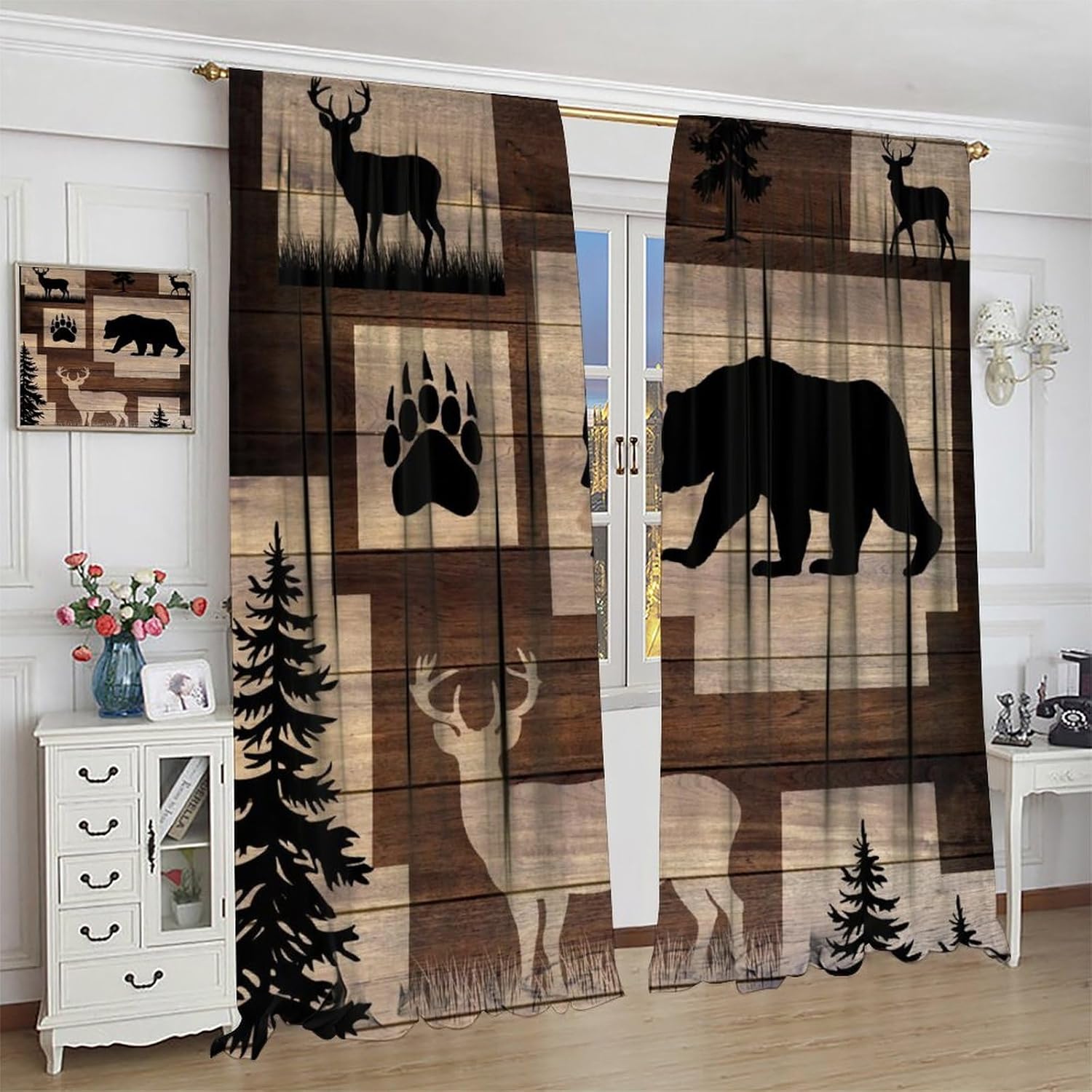 Rustic Farmhouse Cabin Curtains, Bear Deer Forest Window Treatment for Living Room Hunting Camping Wild Animals Retro Cabin Country Lodge Blackout Drapes for Kitchen Bedroom W42xL45in