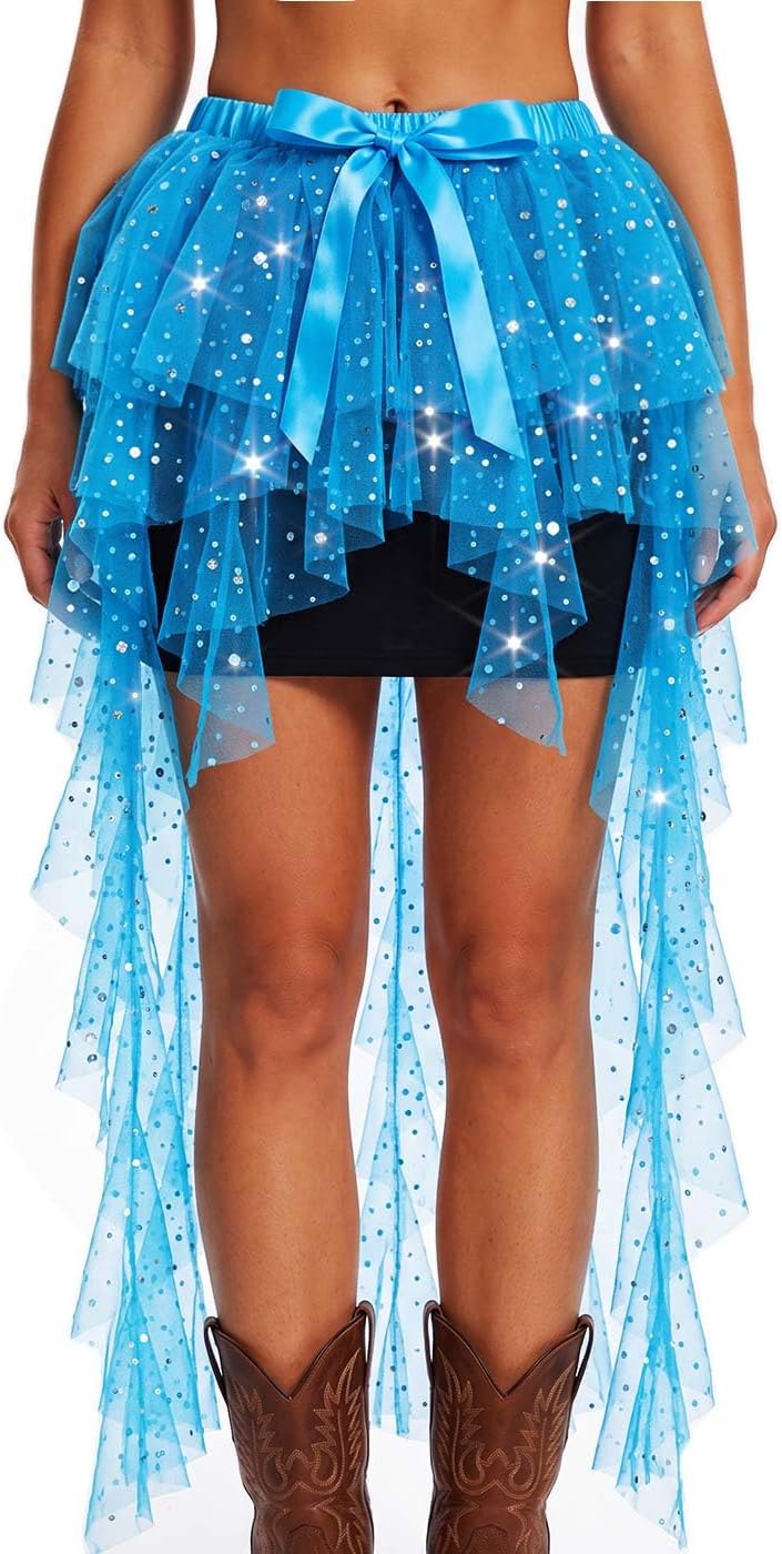 TWINKLEDE Belly Dance Hip Scarf Sequin Tulle Skirt High Low Tutu Skirts Rave Outfit for Women