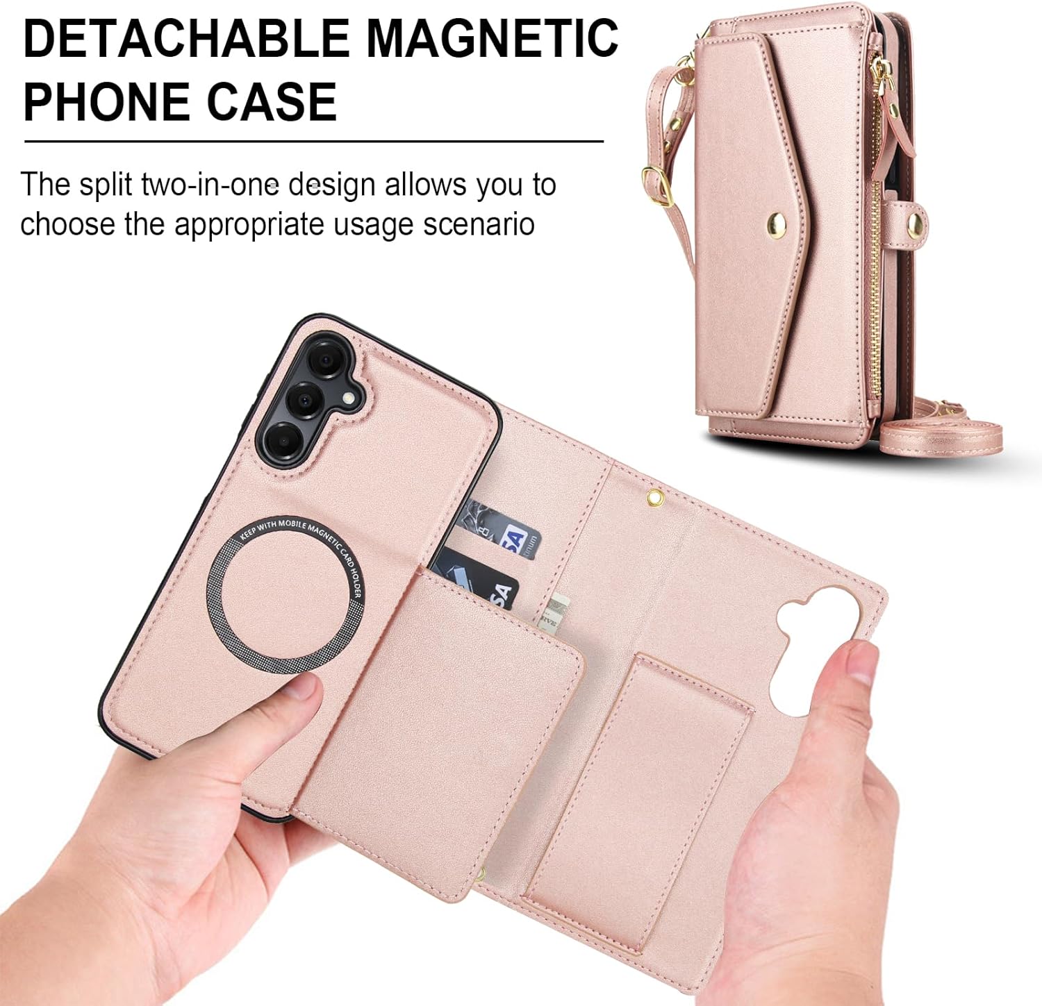 Phone Case for Samsung Galaxy S23 5G Wallet Cover Compatible with Magsafe RFID Screen Protector Crossbody Lanyard Strap Flip Card Holder Slot Zipper Cell S 23 23S GS23 G5 SM-S911U 6.1 inch Rose Gold