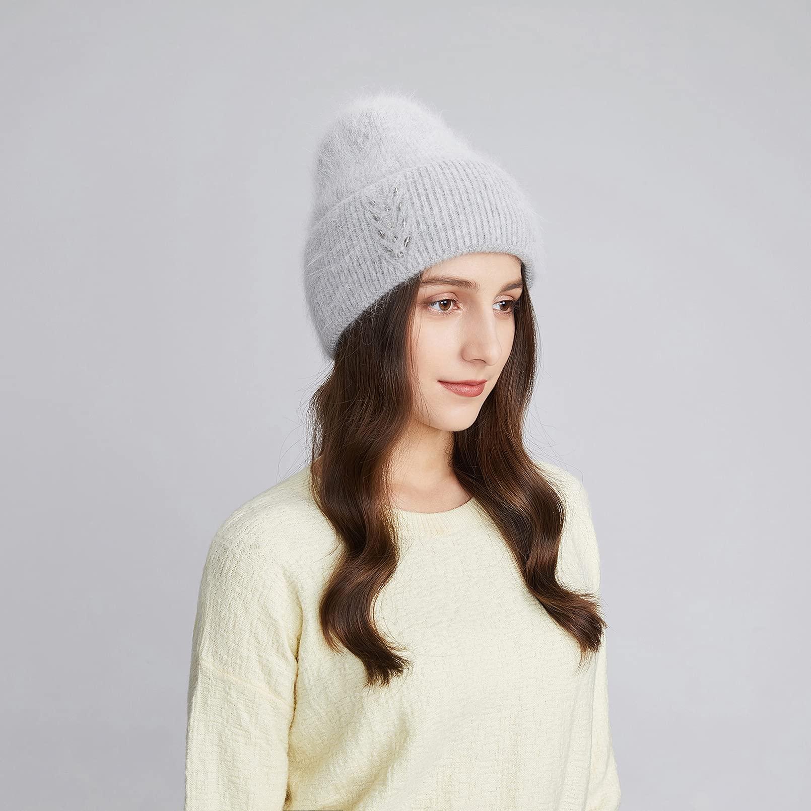 BeFur Bonnet à pompon en cachemire pour femme - Chaud - Côté large avec strass - Pour l'hiver, gris clair, Taille unique