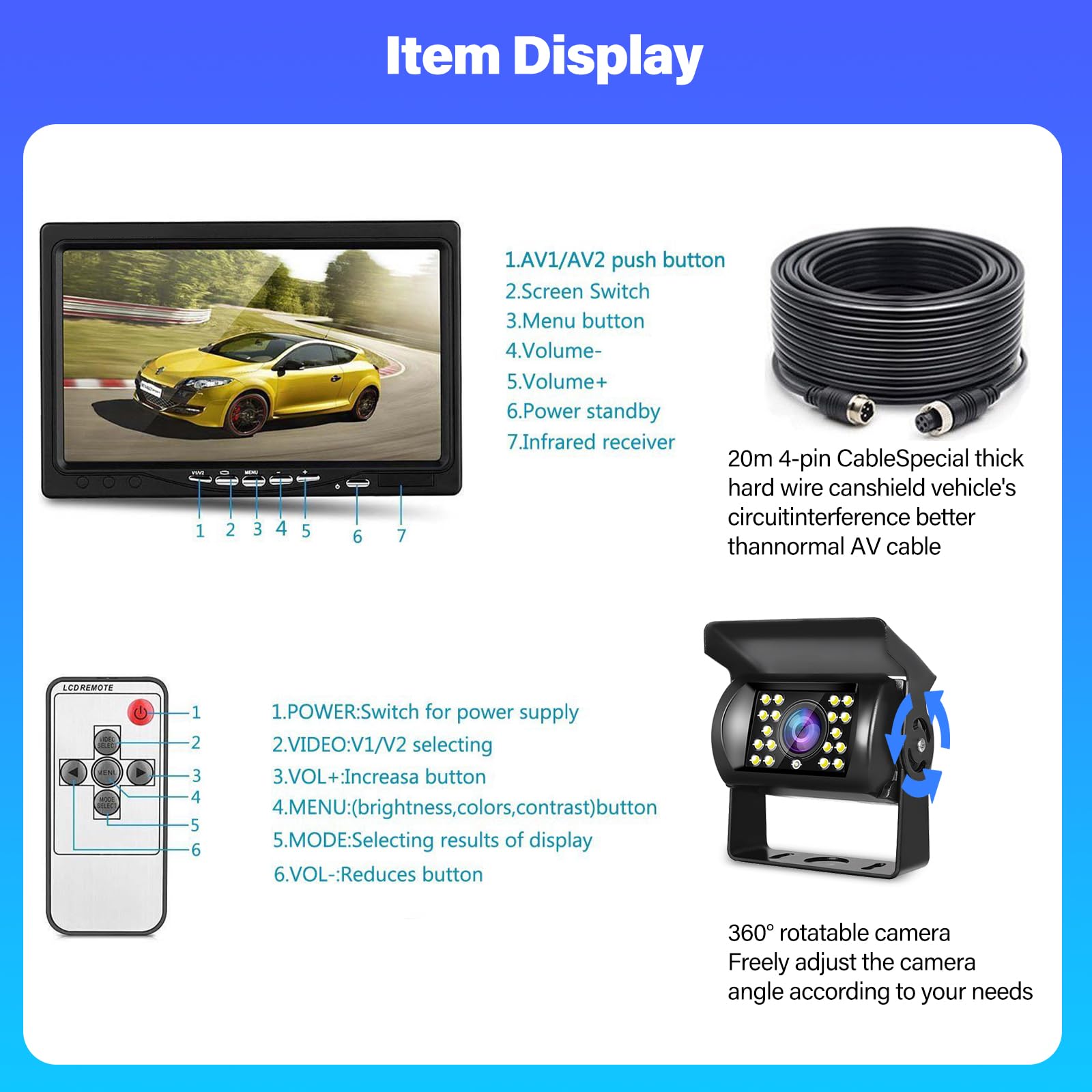 Monitor 7 Pulgadas con Camara Marcha Atras - Monitor de Coche con Soporte de cámara de Marcha atrás IP67 Impermeable 18IR visión Nocturna - 2 Cámaras retrovisoras+2 Cables para camión/autobús/Tractor