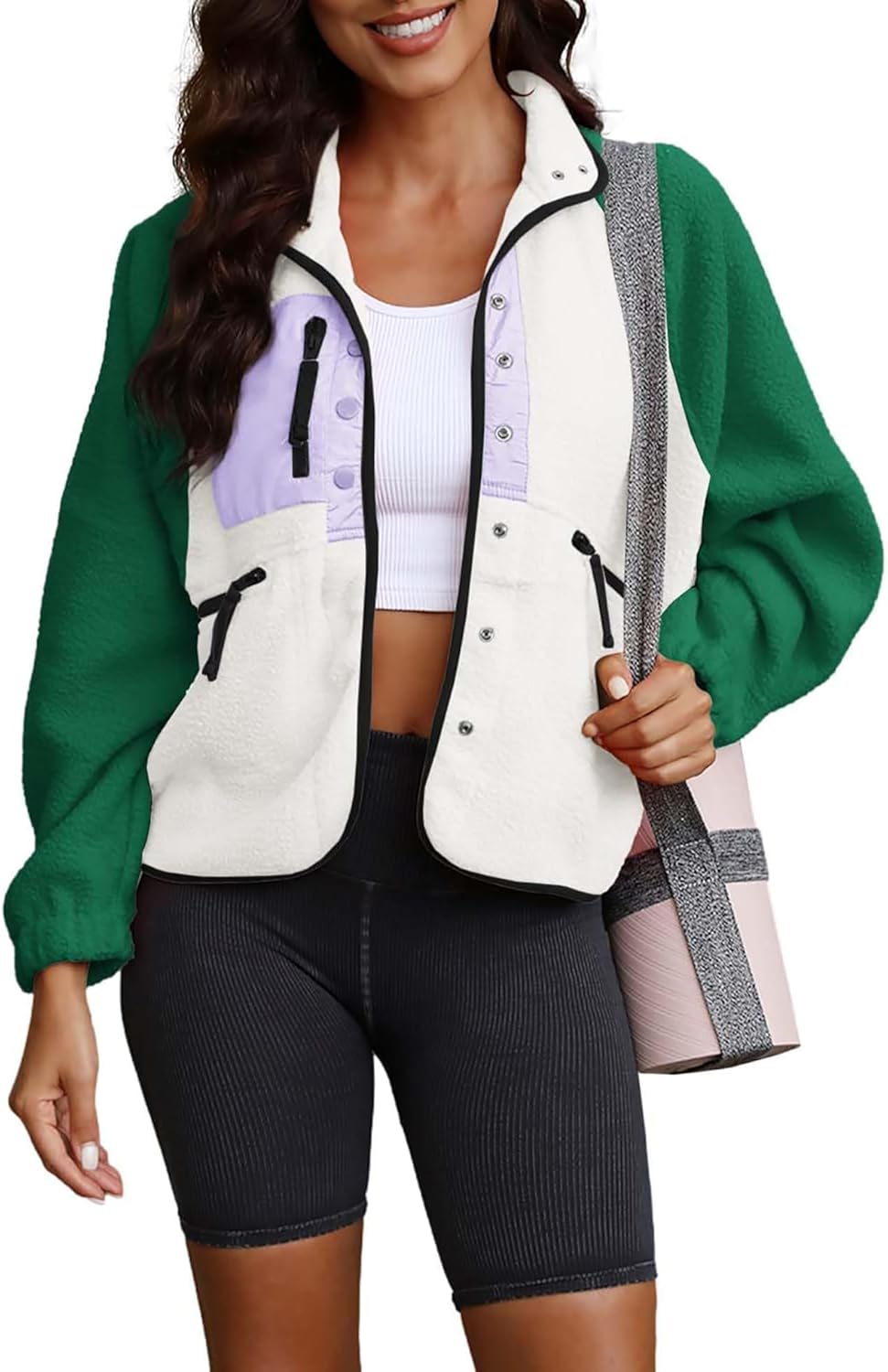 ReachMe Womens Sherpa Jacket Casual Lapel Button Down Cropped Fuzzy Fleece Jackets Long Sleeve Winter Coats with Pockets