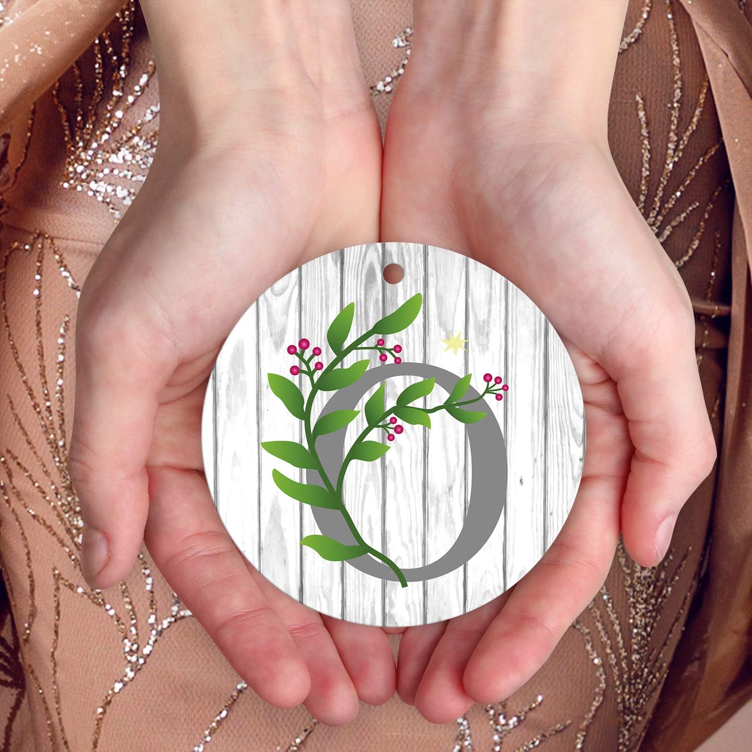 Letter O Monogram Initial Metal Christmas Tree Holiday Ornament, Velvet Pouch Included, Large 3.75" Round Metal Ornament