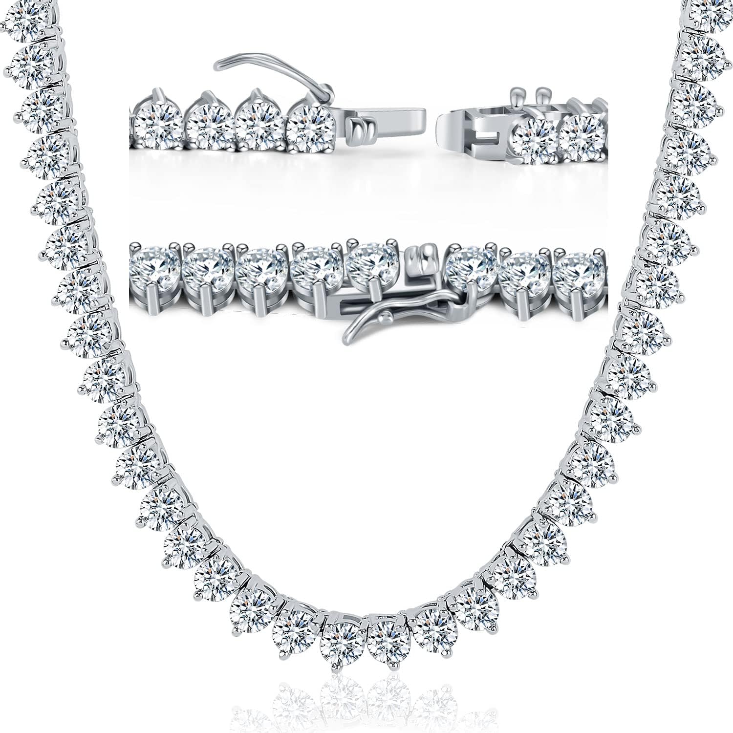 Tennis Necklace for Women Men 3 Prong 18K White Gold Plated 5A 4.0mm Round Cubic Zirconia Cut Faux Diamond Tennis Chain
