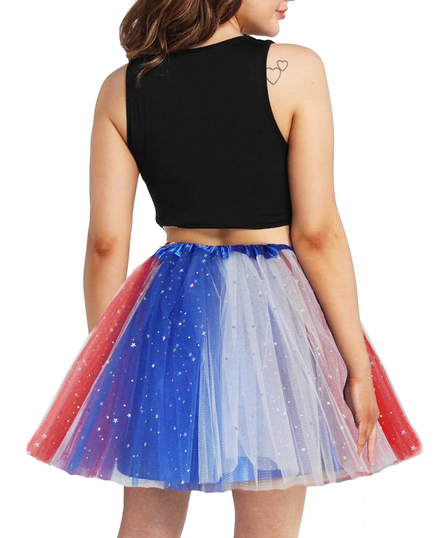 Women Teens Tutu Adult 4 Layered Tulle Skirt with Satin Lined Dance Non See-Through Tutu Halloween Costumes, Red Blue White, L