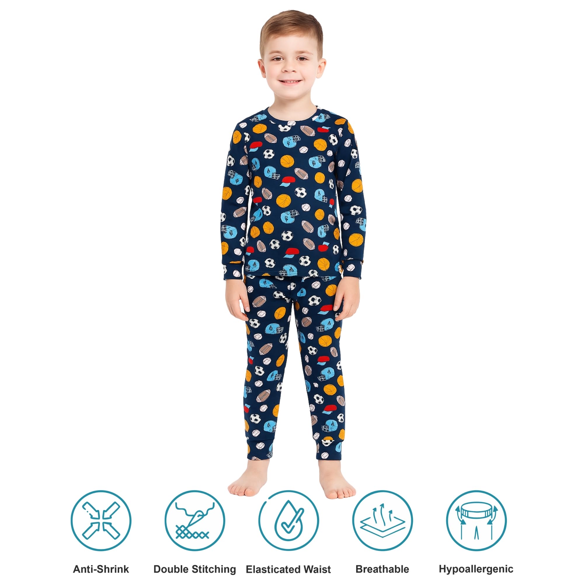 Hestia|H.Nsg.7|Kids Boys Nightwear|Sleepwear|Cotton|Trouser Full Sleeves Pajama Set Tshirt|Elastic Waist|Night Dress With Pyjama Tshirts For Boys|Rugby Football Printed|Blue Color|Set 1,6-8 Years - Image 2 thumbnail