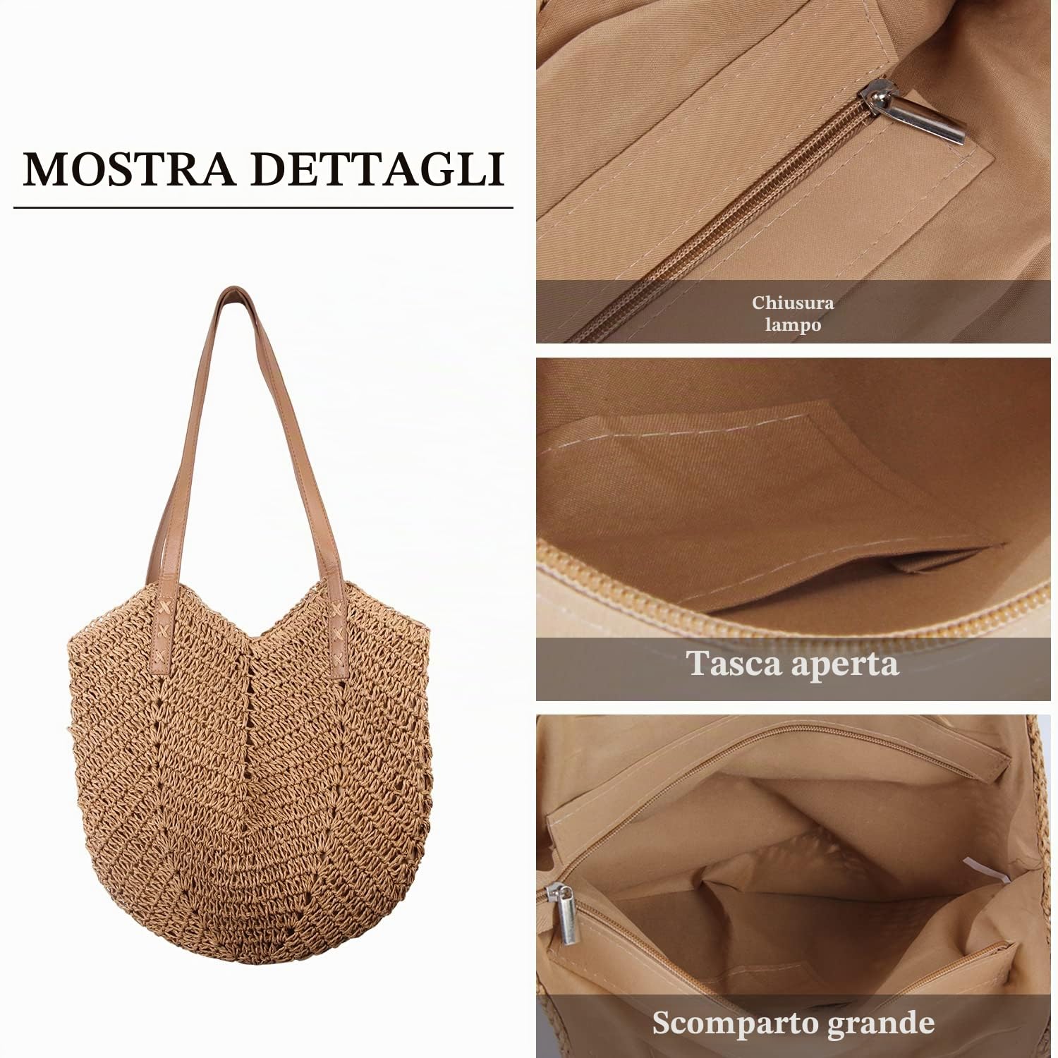 Borsa a Tracolla in Paglia da Donna Estiva con Manico Fatto a Mano - Stile Bohémien da Spiaggia