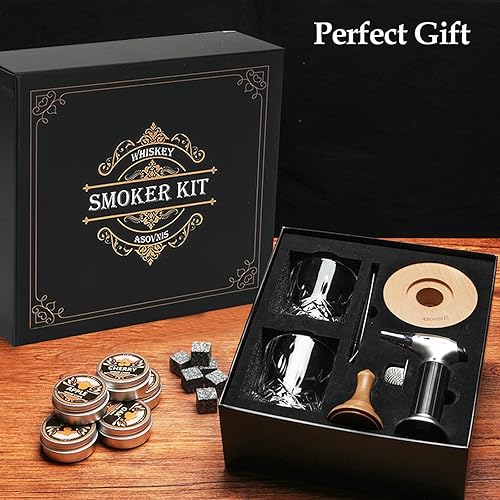 Miniatura 8 de Kit de ahumador de whisky con antorcha, chips de madera de 6 sabores, 2 vasos, 6 piedras de whisky, kit de infusor de ahumador de cóctel, kit de