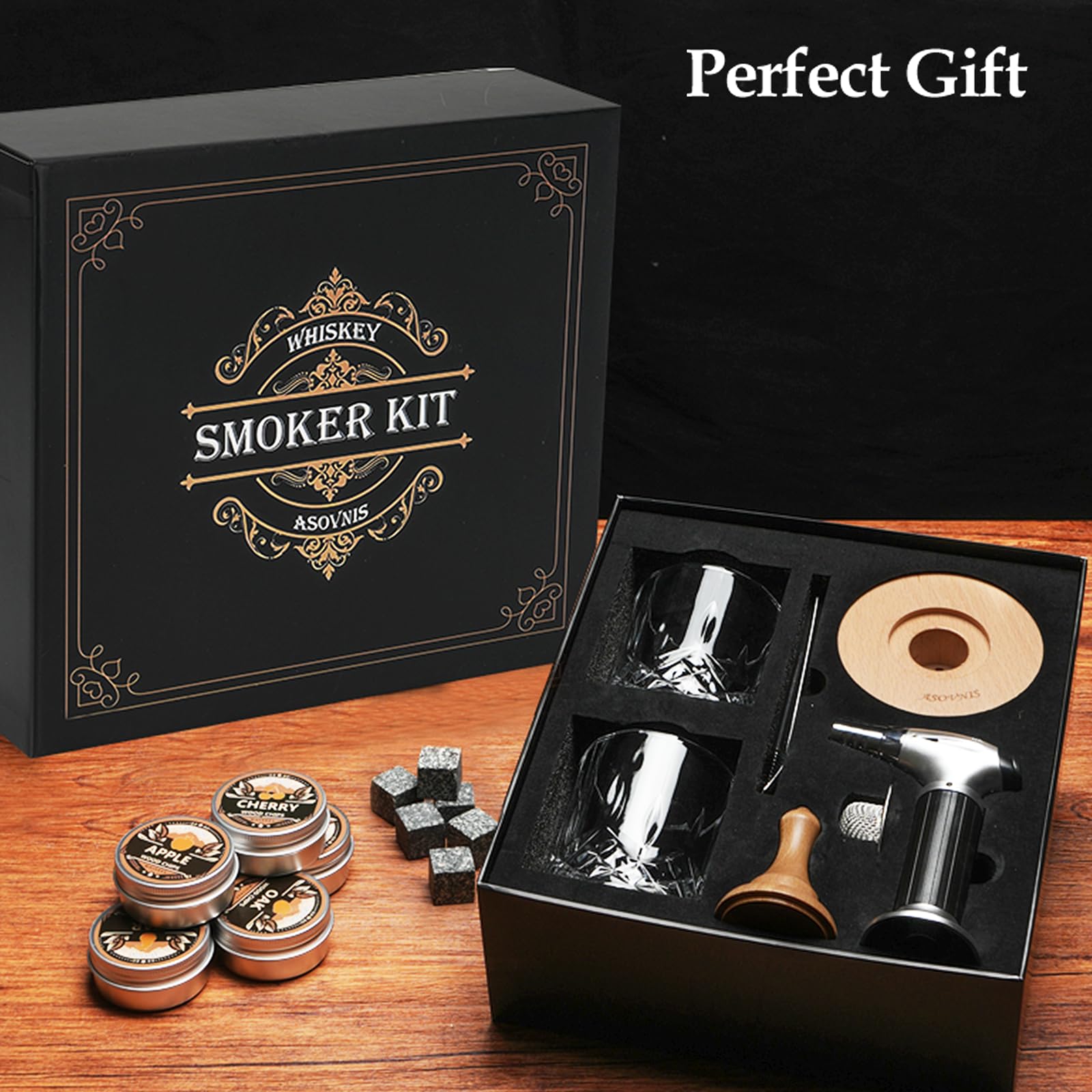 Kit affumicatore per whisky con torcia, 6 sapori di trucioli di legno, 2 bicchieri, 6 pietre, kit infusore per cocktail, bevanda vecchio stile, regalo di compleanno per uomini, papà (senza butano