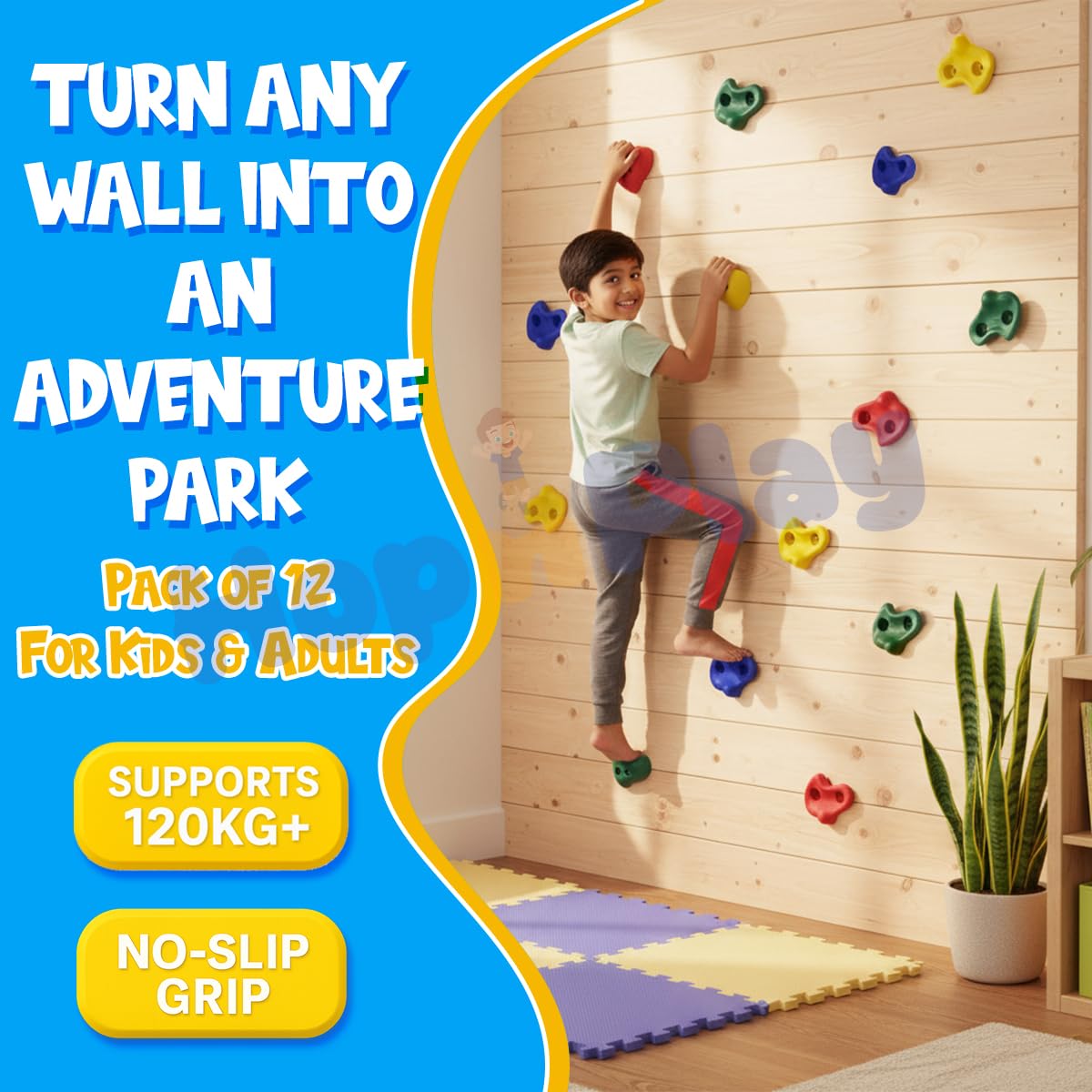 Hop N Play Large Rock Climbing Holds Play Set for Kids, Adult Wall Climbing Stone for DIY Children Playground, Wood Block, Pack of 12 1