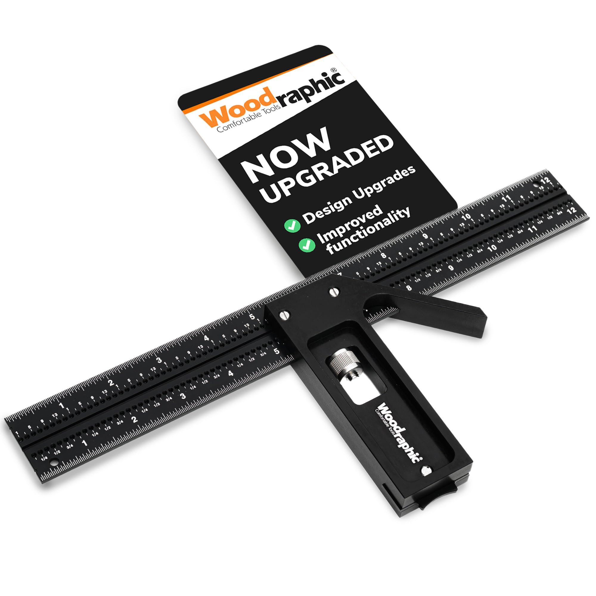 Woodraphic Upgraded Precision Square for Woodworking – 12 Inch Triangle Ruler with Side Scale | CNC-Machined Aluminum Layout Tool | 90 Degree Right
