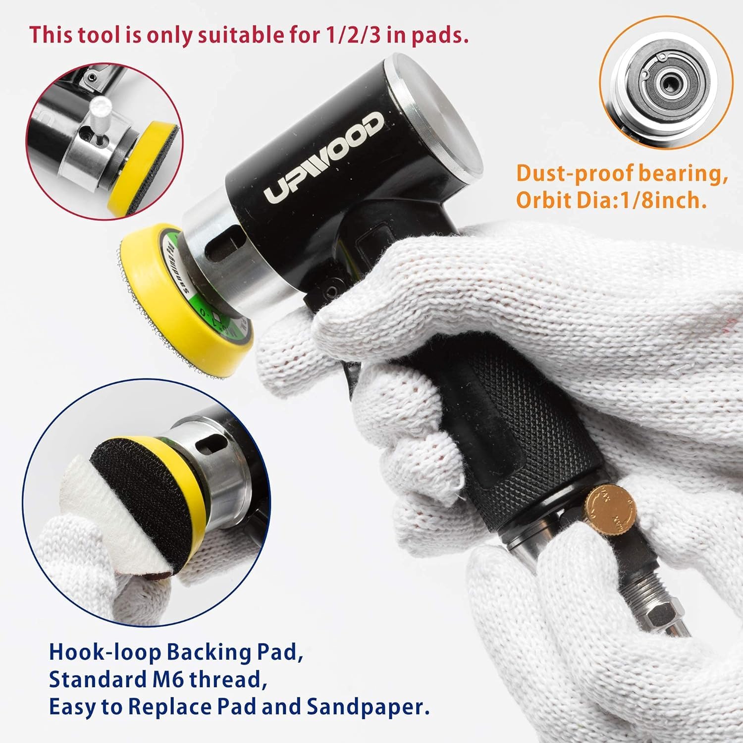 Mini levigatrice ad aria compressa con tamponi da 2 pollici e 3 pollici, mini levigatrice pneumatica da 25 mm/50 mm per la pulizia della vernice di carrozzeria con 24 pezzi di carta abrasiva