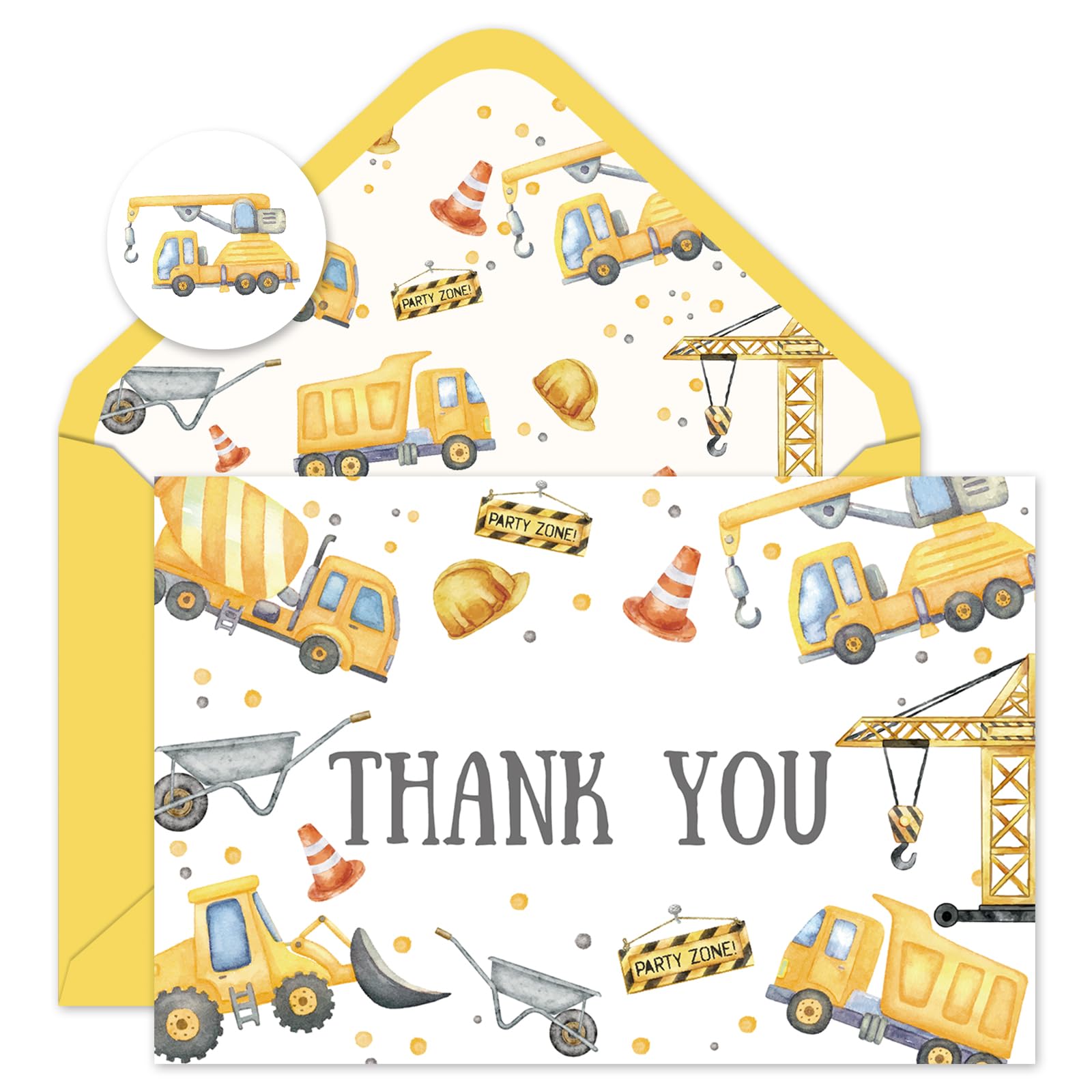 FYSUIMU 24 Pack Construction Thank You Cards Dump Truck Digger Excavator Note Cards with Envelopes Stickers Watercolor Yellow Gray Greeting Blank Card