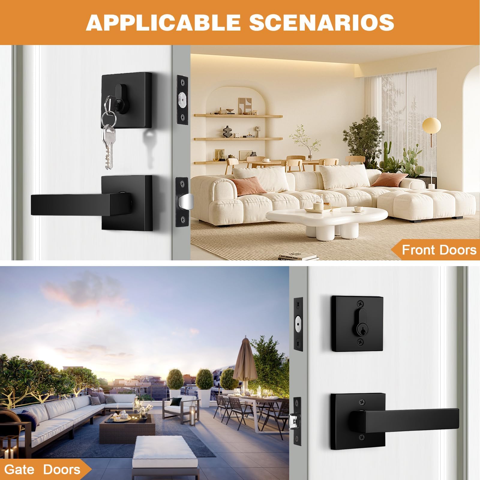 Probrico Juego de cerraduras de puerta exterior negro mate con cerrojo de seguridad, manija de paso de puerta delantera y cerrojo de doble cilindro con las mismas llaves, palanca de puerta cuadrada