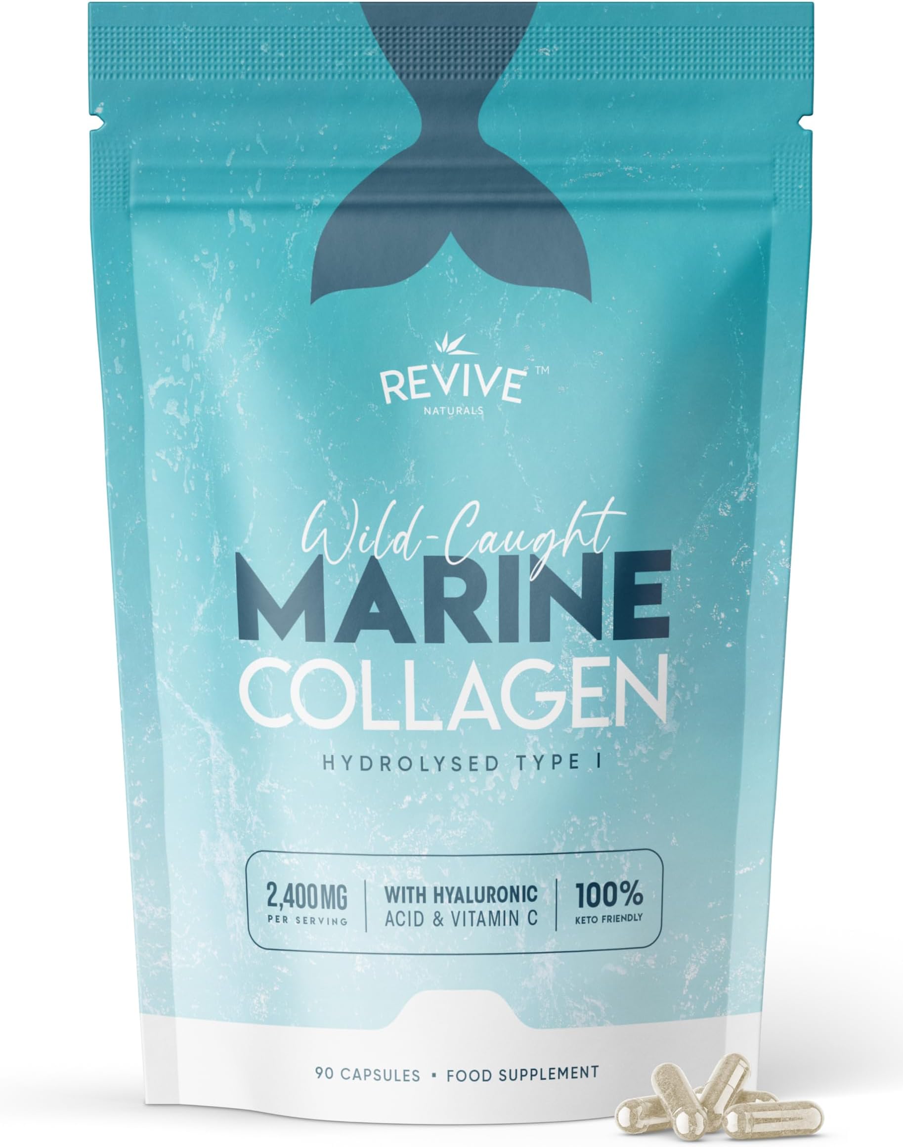 Marine Collagen Capsules 2400mg - with Hyaluronic Acid & Vitamin C - 90 Capsules - Premium Complex for Skin Joints & Hair for Women & Men – Resealable and Recyclable Pouch by Alpha01