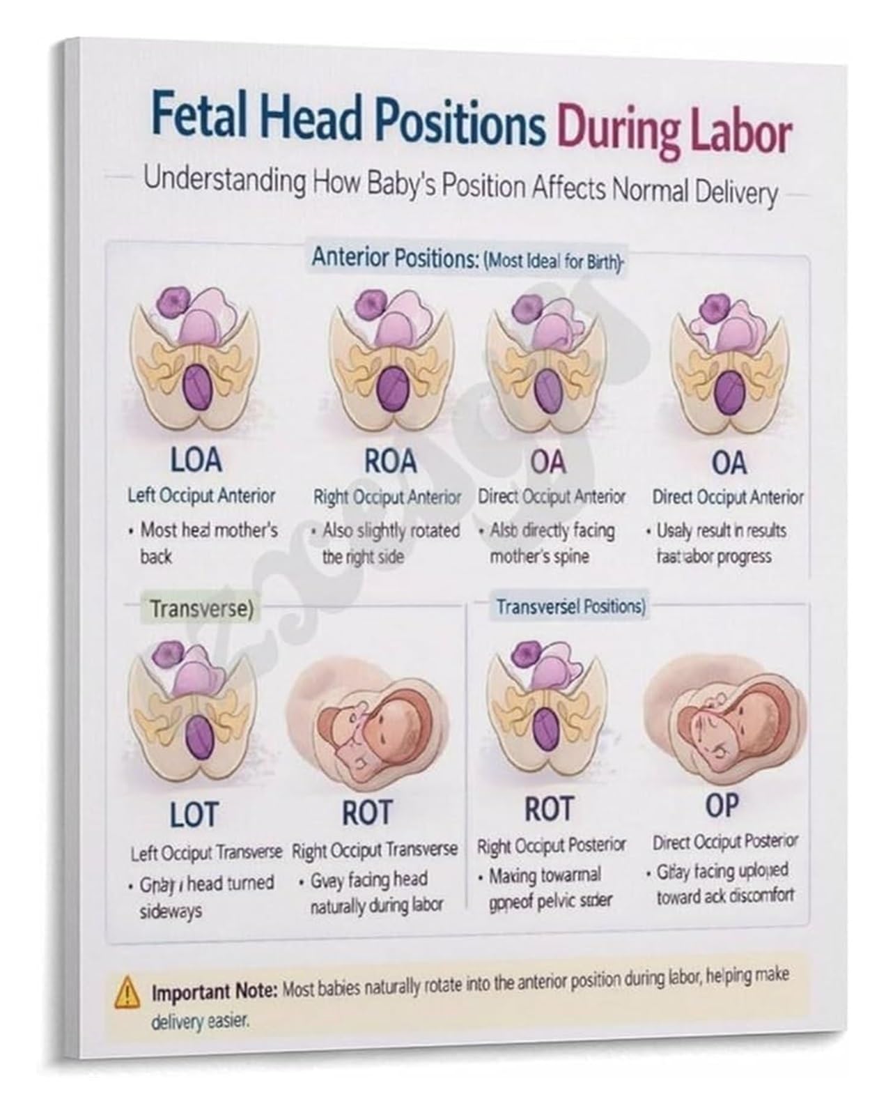 REIUAFWYGV Mechanism of Labor Poster Fetal Head Positions During Birth Educational Chart for Childbirth Class Canvas(Framed,16x24inch(40x60cm))