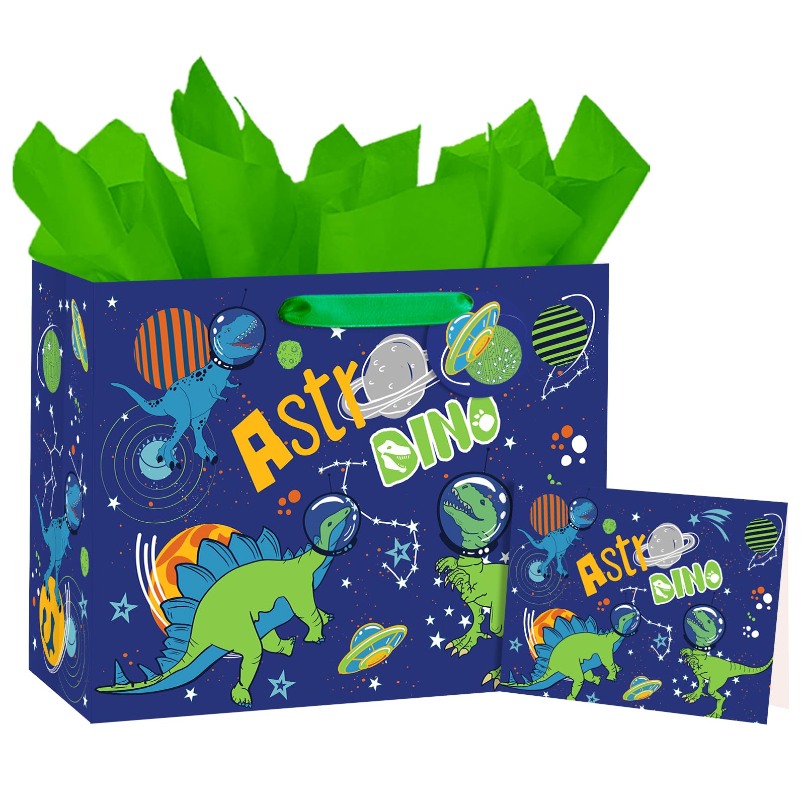 Loveinside 13" Large Astronaut Dino Explorer Gift Bag for Boys - Space Dinosaur Theme with Tissue Paper Card Tag - 13"x5"x10" 1 Pc for Kids Birthday Party Favor
