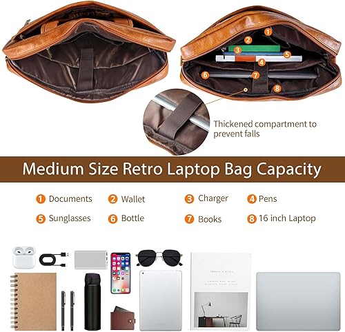 Miniatura 72 de Bolsa de mensajero para hombre de 17.3 pulgadas de lona/cuero para portátil, mochila para hombre, maletín para computadora, bolsa de hombro Marrón