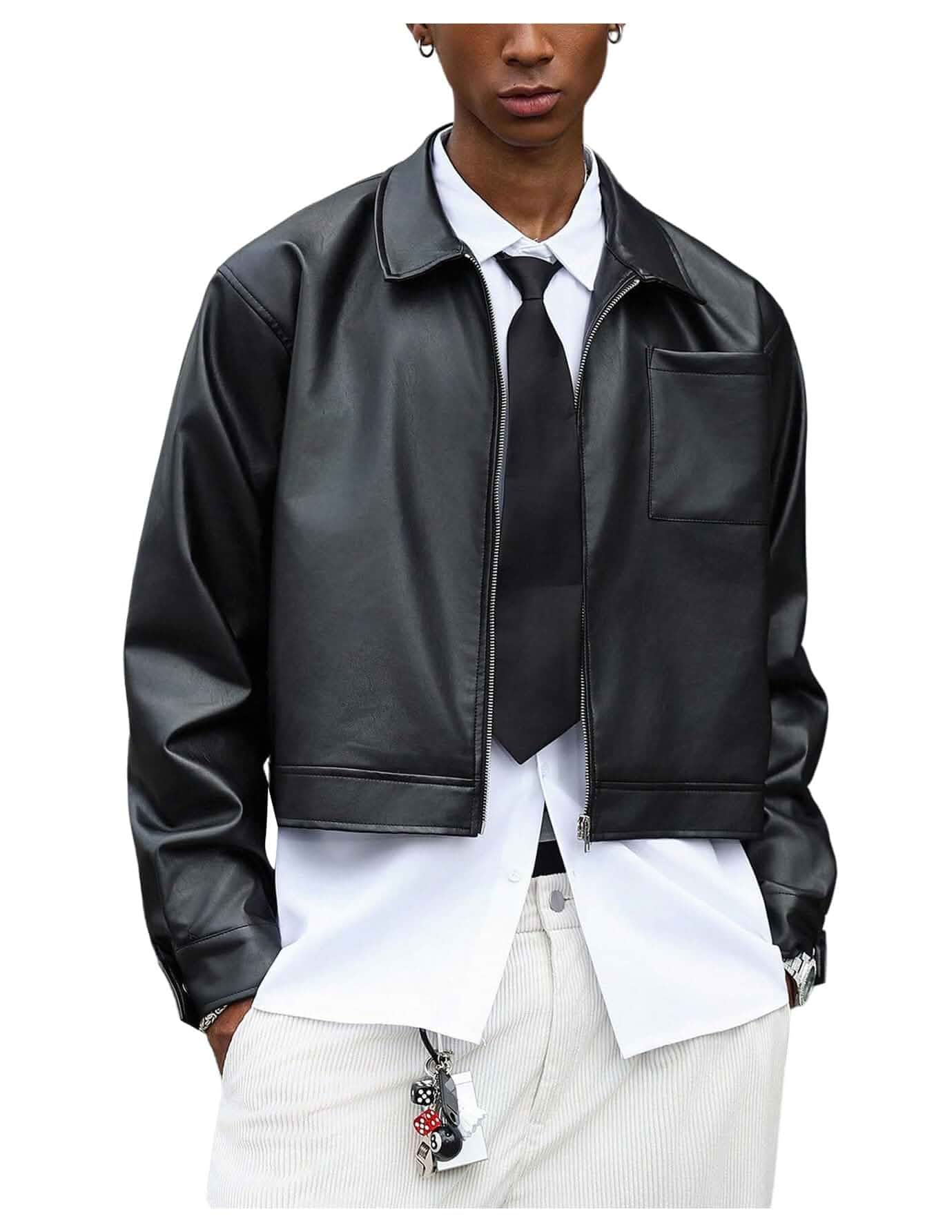 BEAUDRM Men's Faux Leather Jacket Long Sleeve Zip Up Collared Crop Biker Motorcycle Lightweight Coat Outerwear