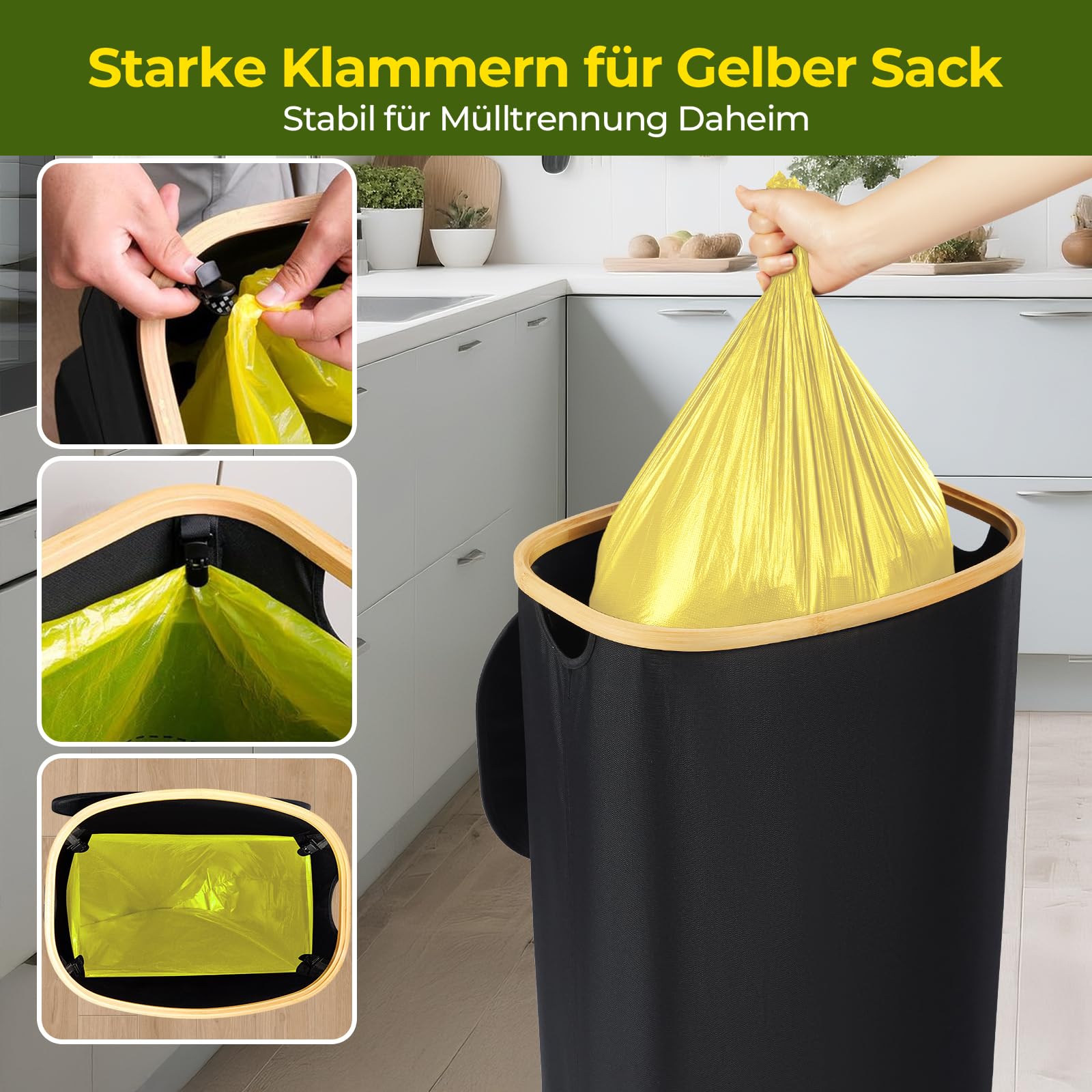 Gelber Sack Ständer, Müllsackständer mit Clip, Ständer für gelben sack, Mülleimer 90 liter, Gelber Sack Behälter, Robust und Stabil für Mülltrennung Daheim（Schwarz