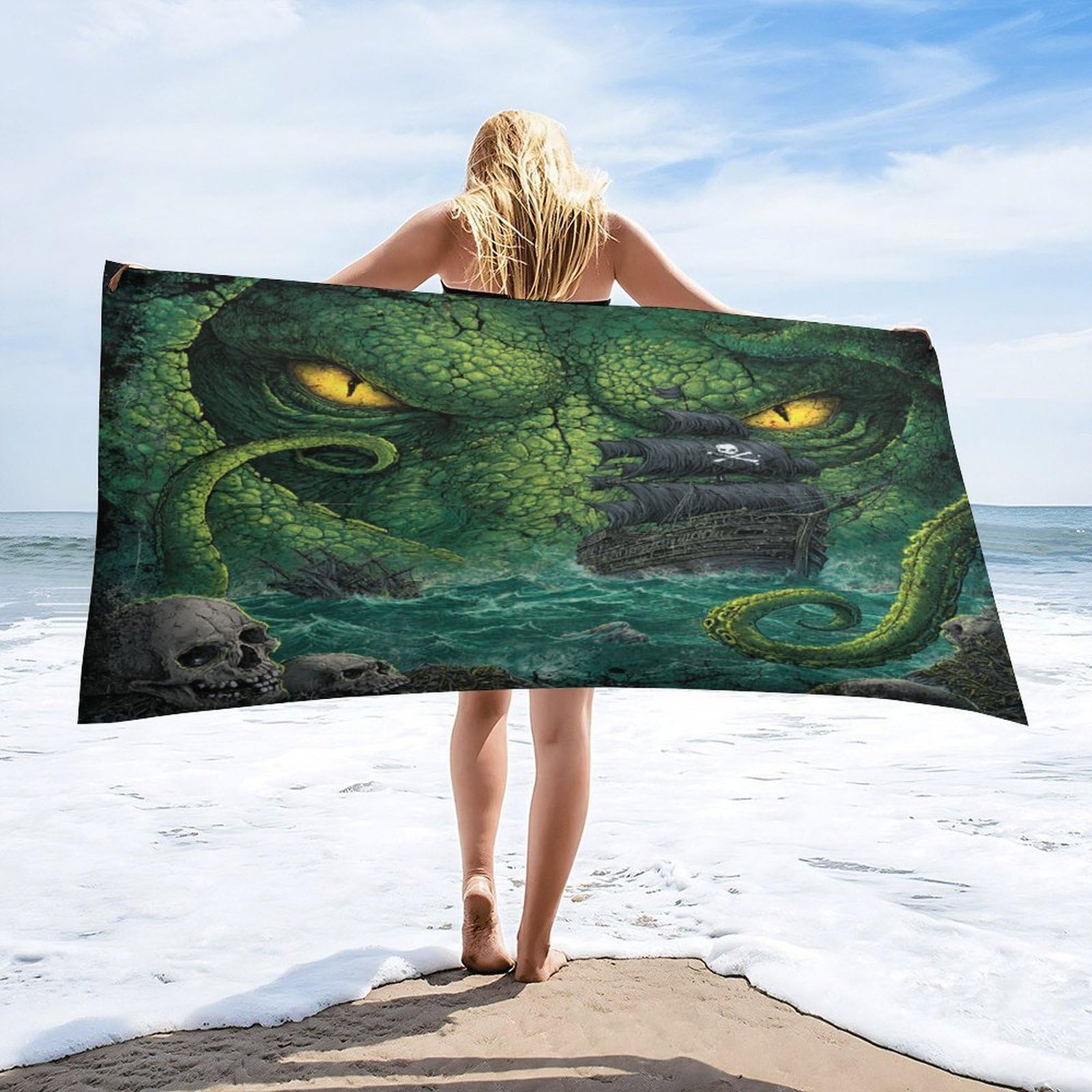 Luyysky Vintage Viking Sea Octopus Absorbent Beach Towel, Retro Nautical Animal Octopus Pirate Ship Skeleton Skull Outdoor Single-Sided Velvet Beach Towel-80 W Cm X 160" L Cm