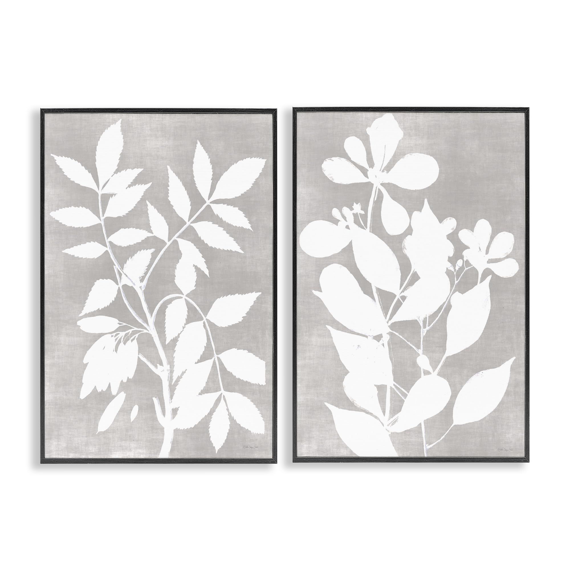 'Grey Foliage Impression'| 2pc Framed Giclee Art Set 2