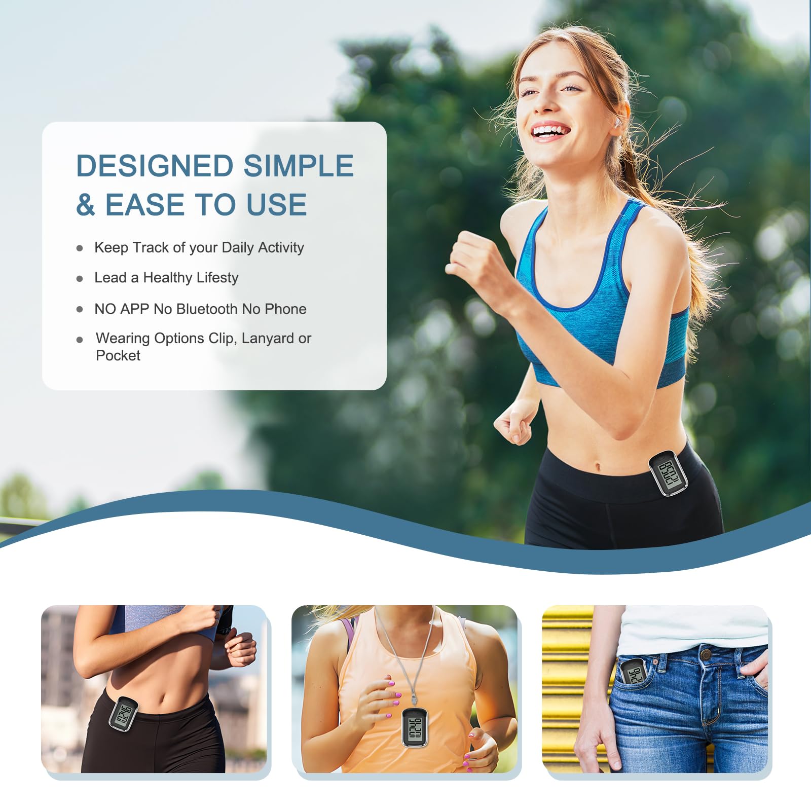 Podomètre de marche simple 3D portable rechargeable par USB avec clip et cordon pour suivre les pas en temps réel pour hommes plus âgés, femmes, personnes âgées et enfants