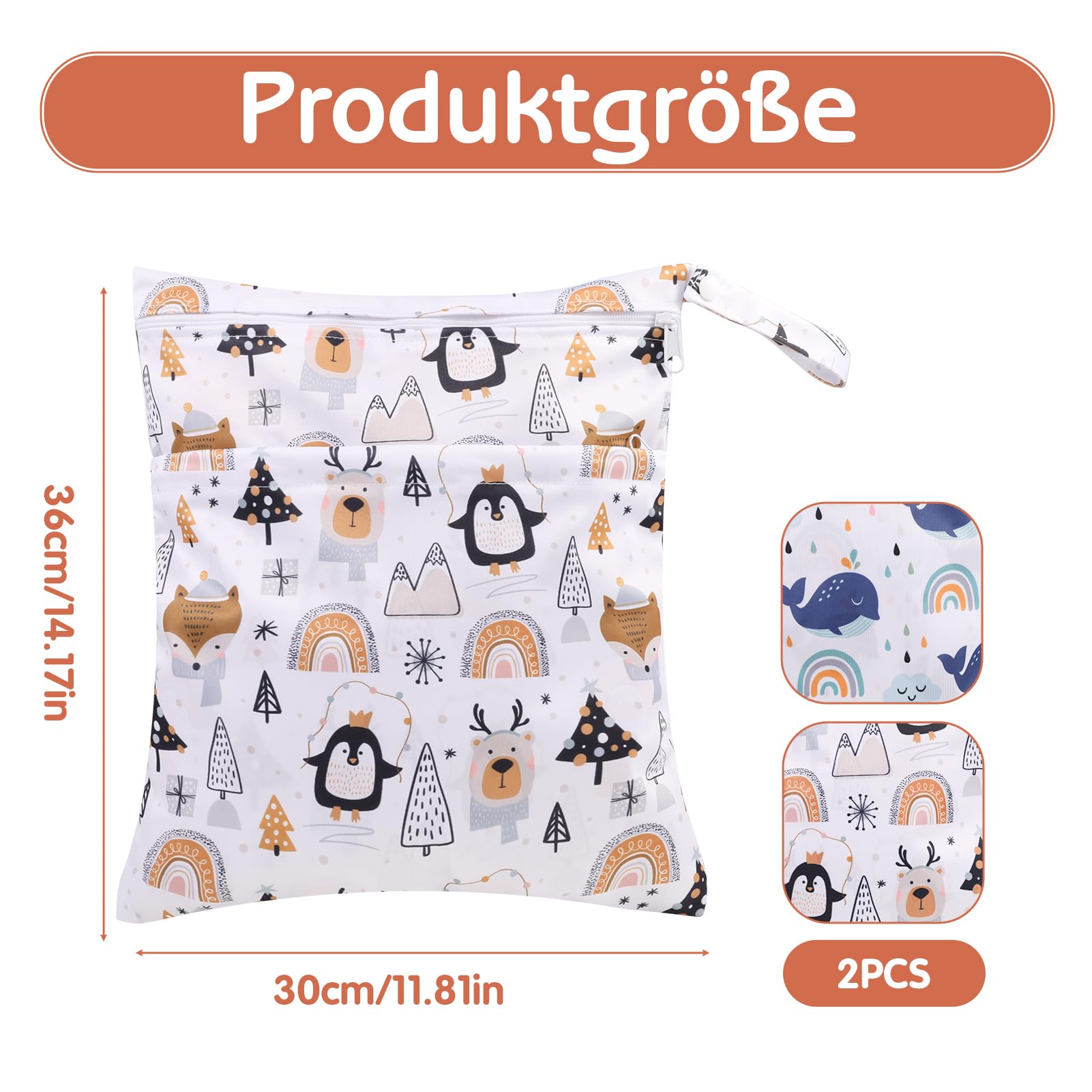 2 Stück wasserdichte Stoffwindeln Nasstaschen Große Wickeltasche Wetbag Nasstaschen Wiederverwendbare,Cartoon-Druck Wet Dry Cloth Windeltasche mit Reißverschluss für Baby Reisen Unterwegs