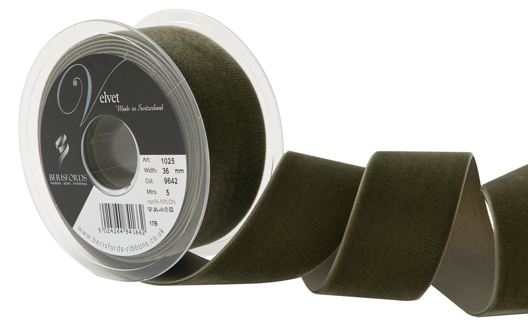 Berisfords Velvet Ribbon, Loden Green, 102 x 45 x 102 cm