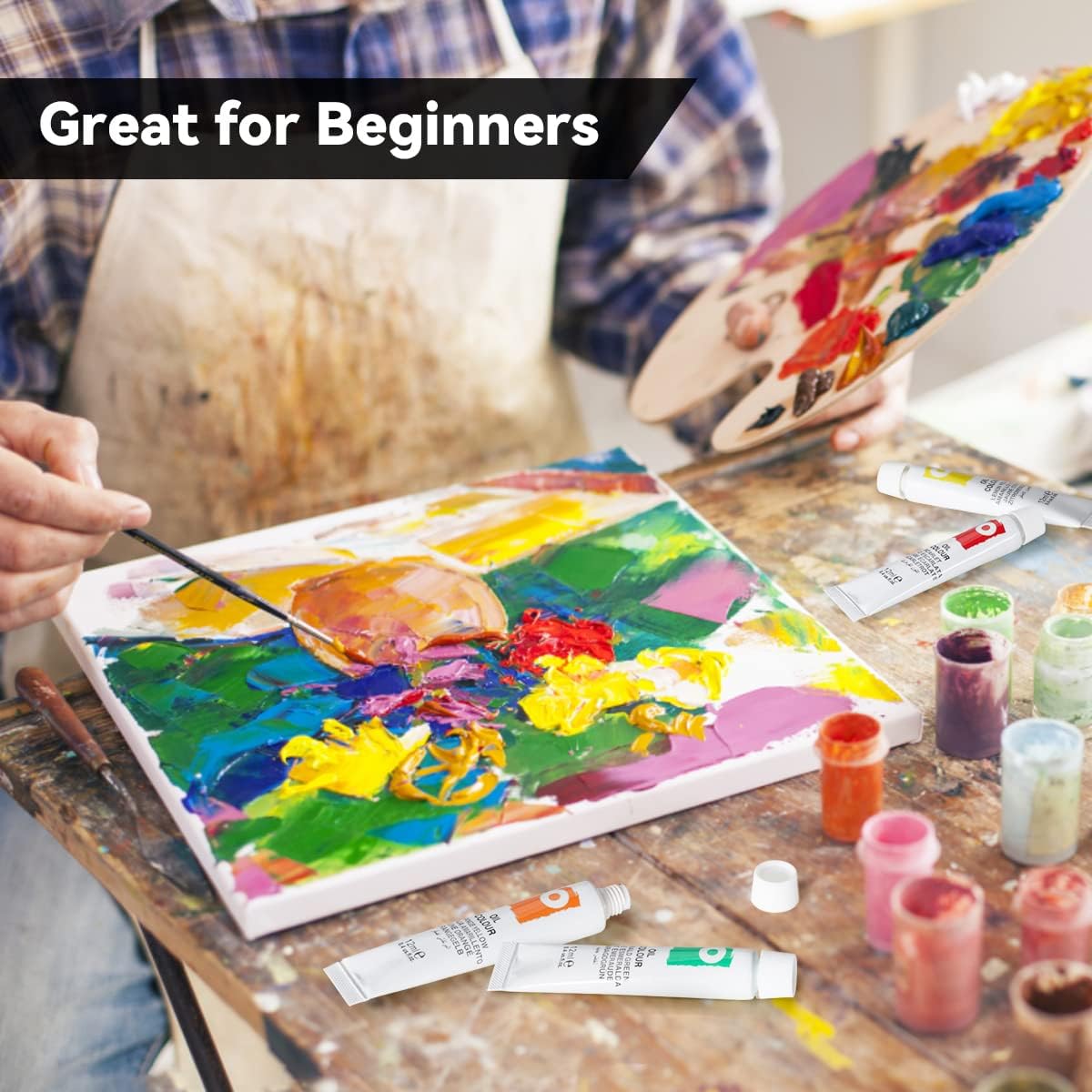 LIGHTWISH 油絵の具 学習油絵セット 24色 x 12ml キャンバス絵画用の豊富な顔料油ベースの絵の具、初心者、学生、大人向けの非毒性の油絵用品