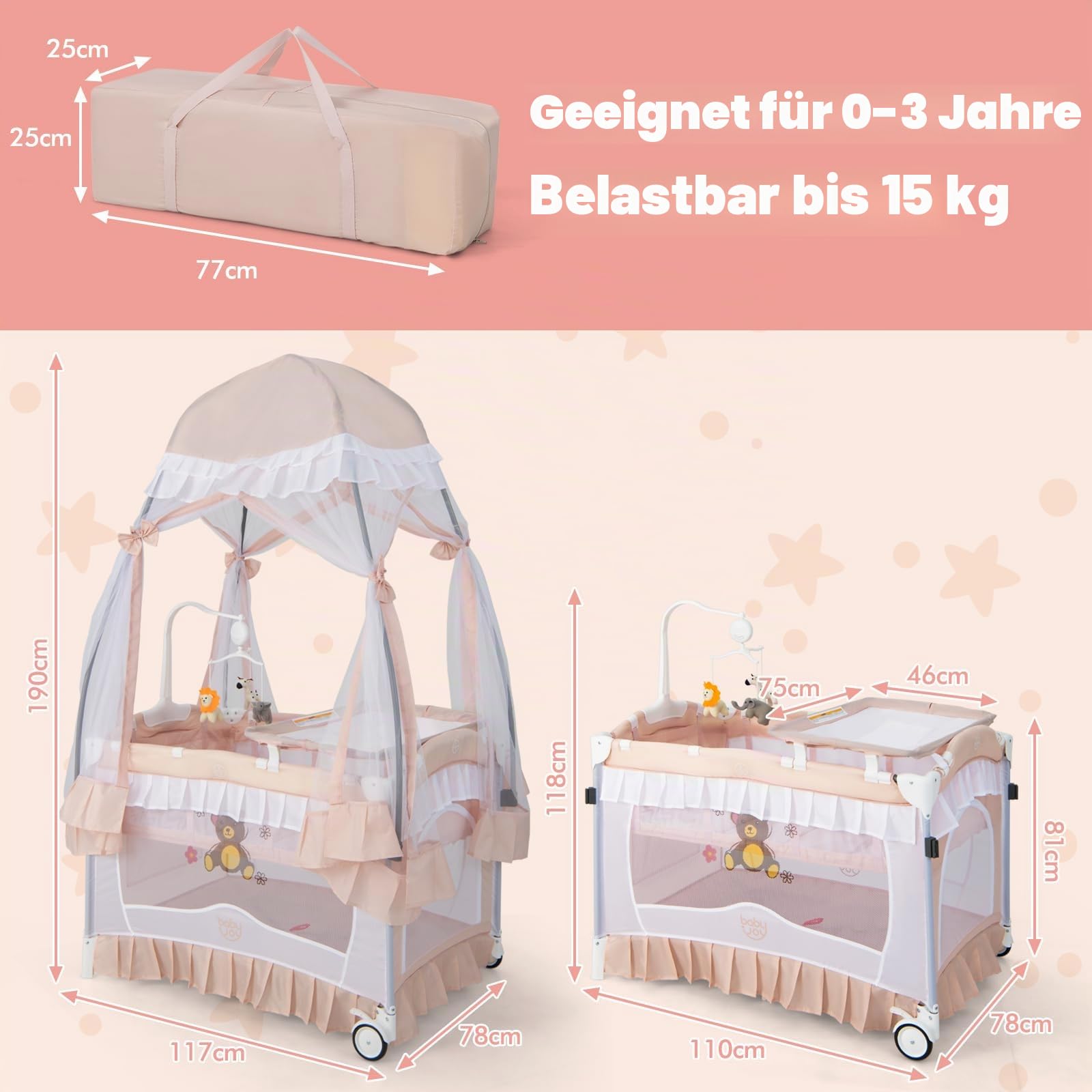 FANTASK 4 in 1 Babybett mit Matratze, Beistellbett mit abnehmbarem Baldachin, Spielbogen & Musikbox, Baby Reisebett mit Rollen, Kinderreisebett für Baby 0-36 Monate (Rosa)