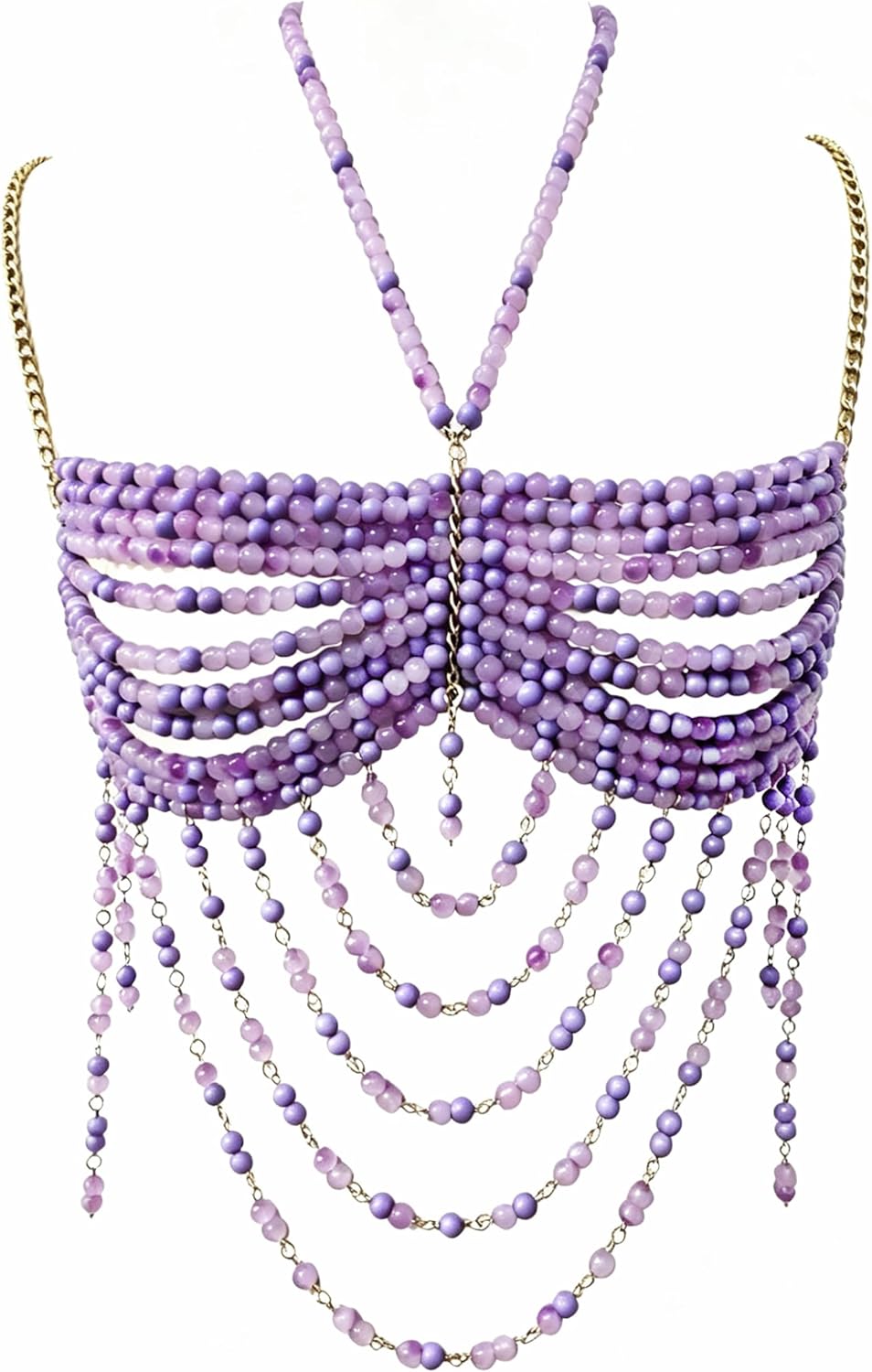 Blue Beaded Bralette Body Chain Top with Gold Draped