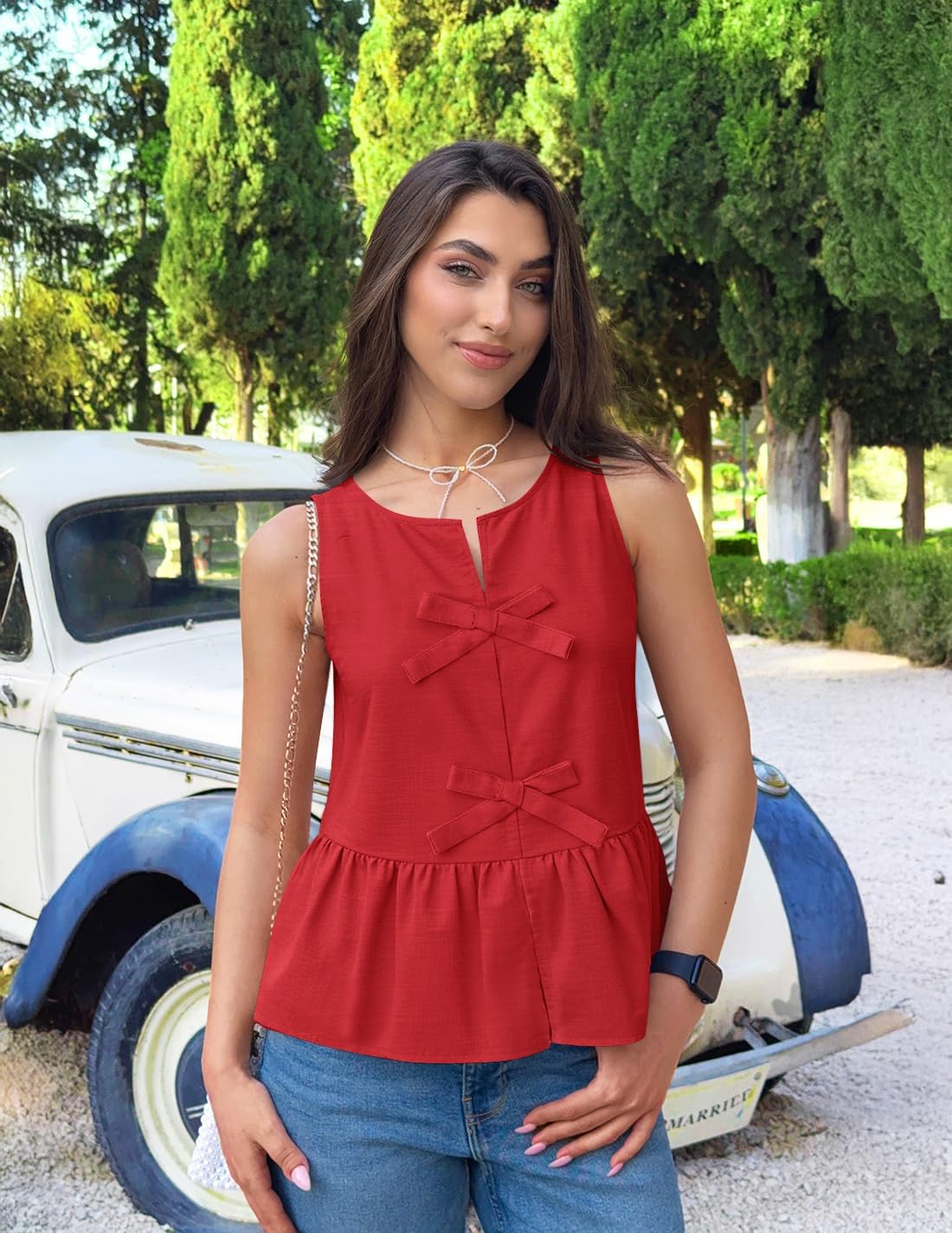 ZESICA Women's Summer Sleeveless Peplum Tank Tops 2026 Tie Front Crewneck Loose Flowy Ruffle Babydoll Going Out Shirts - Image 5