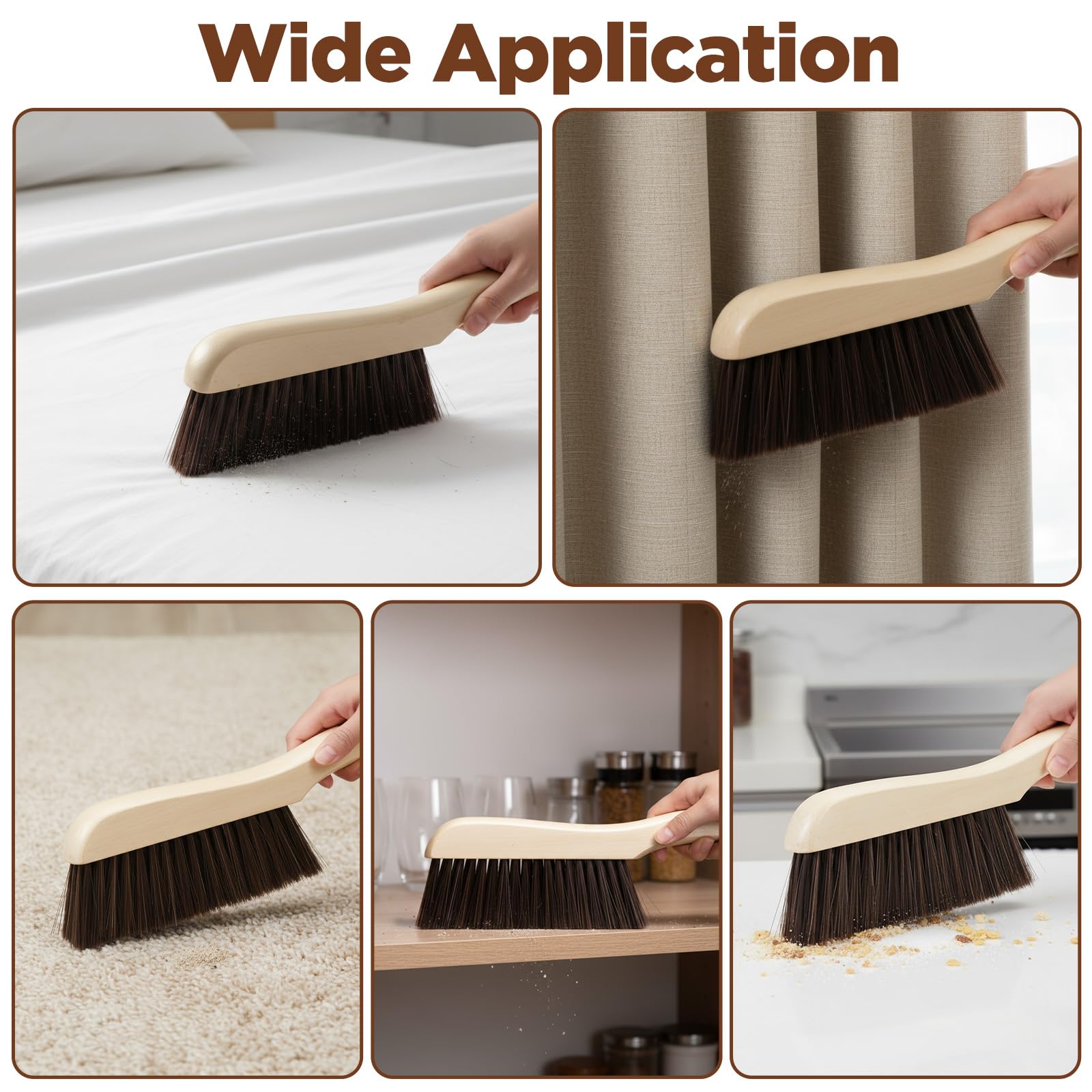 6 escobas de mano de madera, cepillo de cerdas suaves con mango largo de madera, cepillo de limpieza para muebles, coche, sofá, cama, chimenea, banco, mostrador, ropa, limpieza del hogar