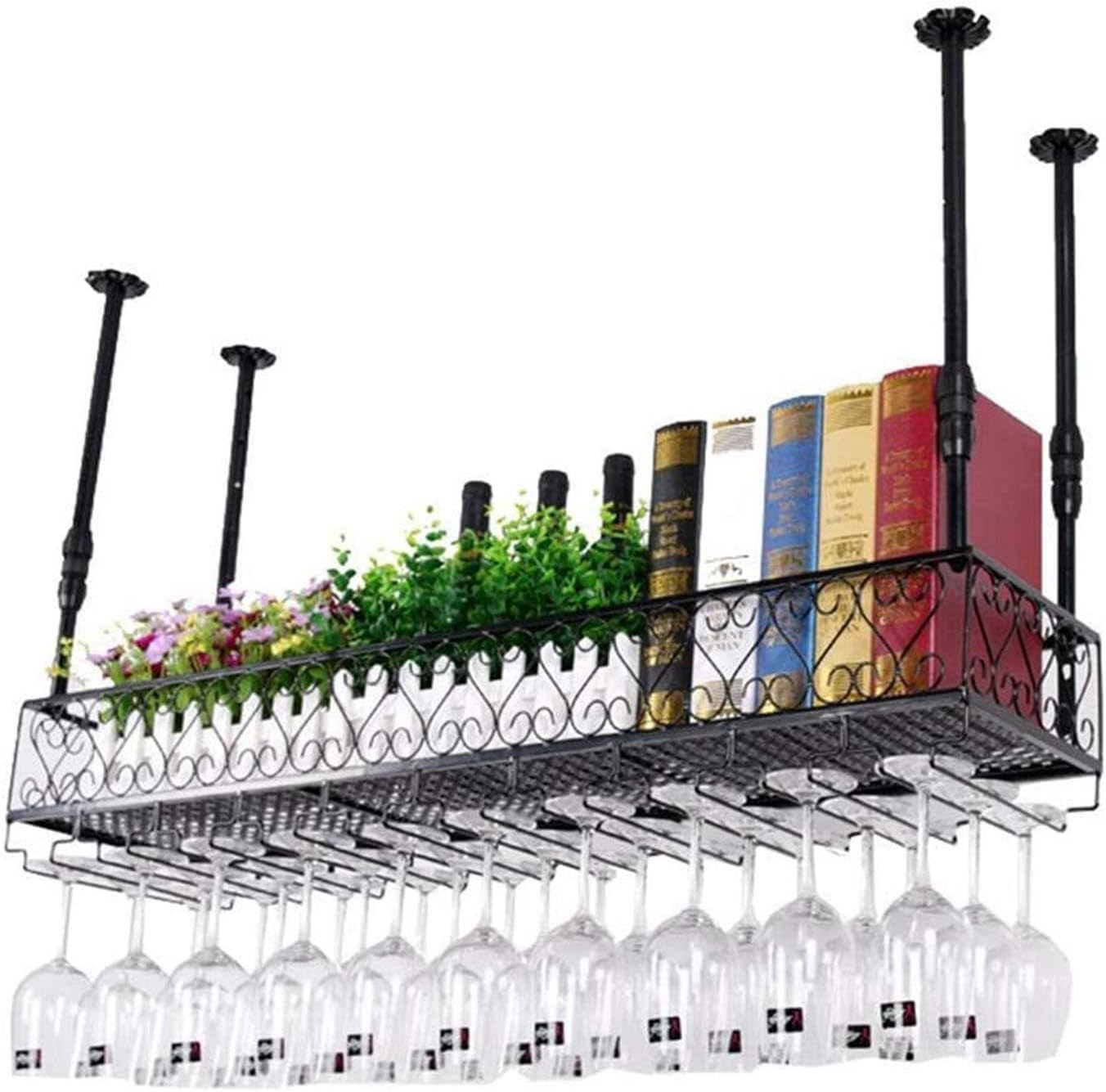 Ceiling Wine Rack, Hanging Storage Wine Glass Holder, Adjustable Height Stemware Holder for Kitchen, Wall Mounted Wine Rack for Bar Unit