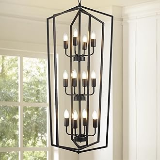 WJShome Modern Black Chandelier, 12-Light Tiered Pendant Light Fixtures, Long Chandeliers for High Ceilings, Farmhouse Foyer Lighting Fixtures, for Living Room, Staircase, Entryway