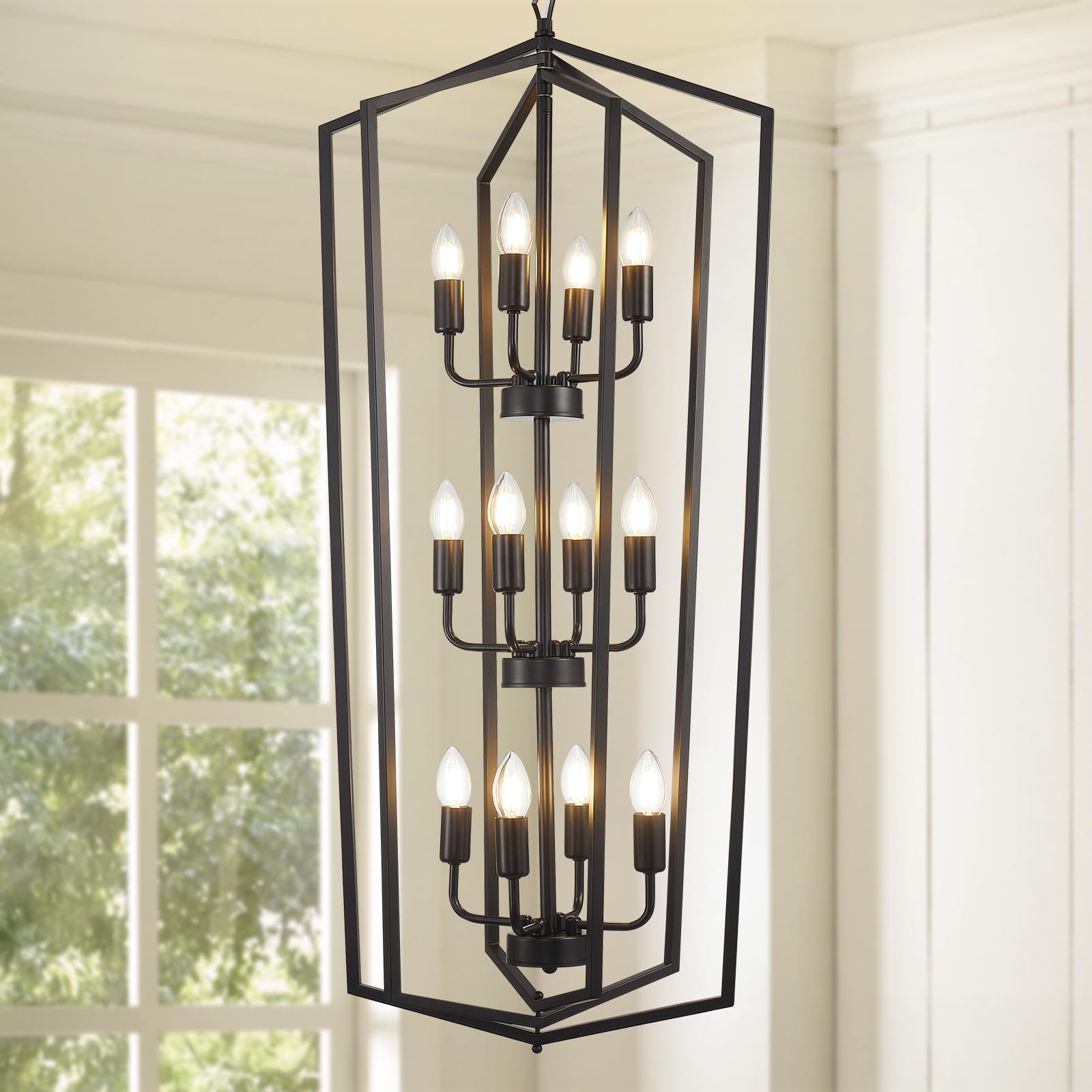 Black Chandelier, 12-Light Lantern Tiered Pendant Light Fixtures, Modern Farmhouse Foyer Lighting Fixtures, Large Chandeliers for High Ceilings Hanging Pendant Lights for Foyer, Staircase, Entryway