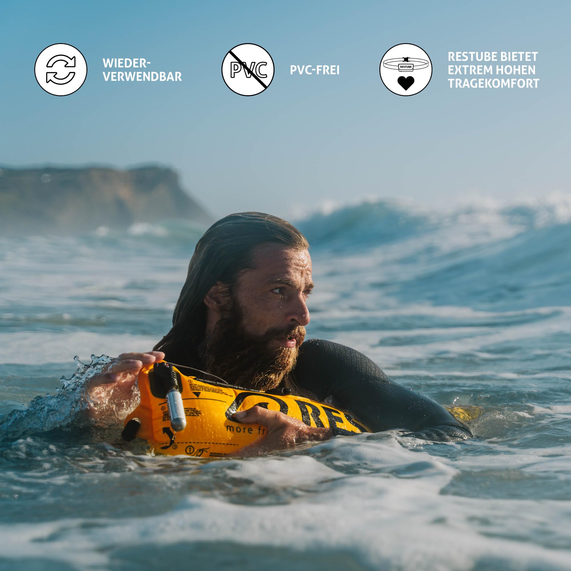 Restube Extreme – Aufblasbare Schwimmboje für Wildwasser & Raue Bedingungen – Ideal für Open Water Schwimmer, Surfer & Wassersport – Einhand-Auslösung mit Signalpfeife