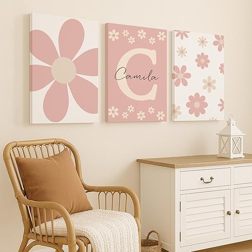 Miniatura 6 de Arte de pared personalizado para el cuarto del bebé de las niñas, lienzo estirado con nombre personalizado, 3 piezas enmarcadas con margaritas,