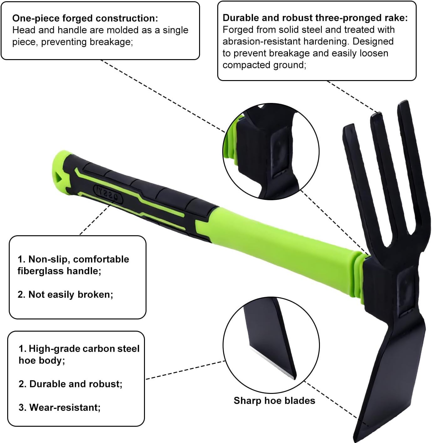 2pcs Garden Hoe and Hand Rake Set, Heavy Duty Gardening Hand Tools with Non-Slip Handle Pick Axe for Digging Weeding Cultivating Yard Lawn Farm