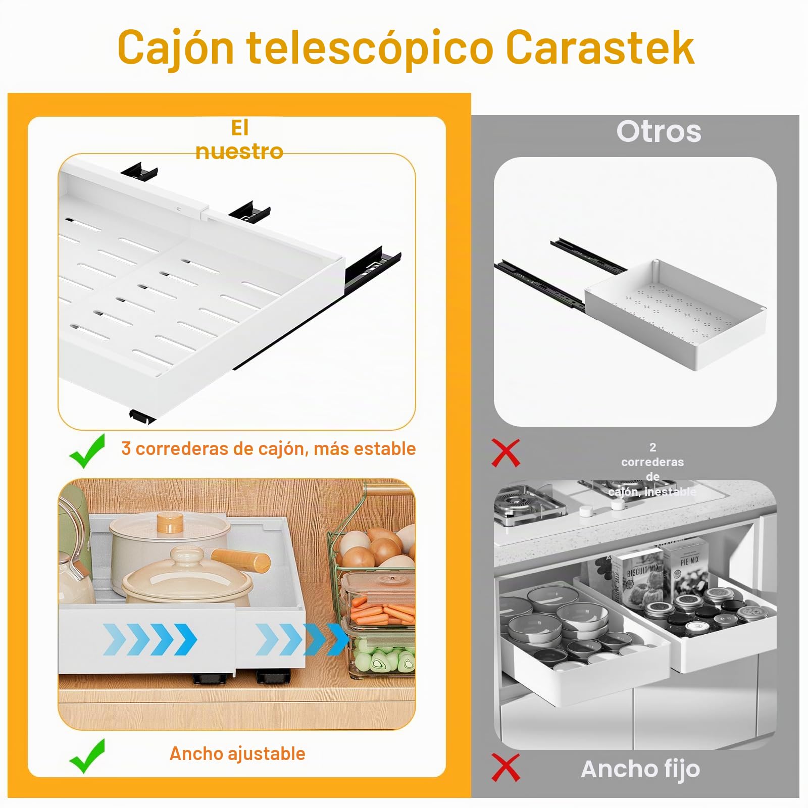 Cajón Telescópico 2 piezas Cajones Extraibles Para Cocina Bandeja Armario Cocina Cajón Deslizante Para Alacena Cajón de Cocina Extensible Desplegable Organizador de Cajones(52-32 x 42 x 7cm)