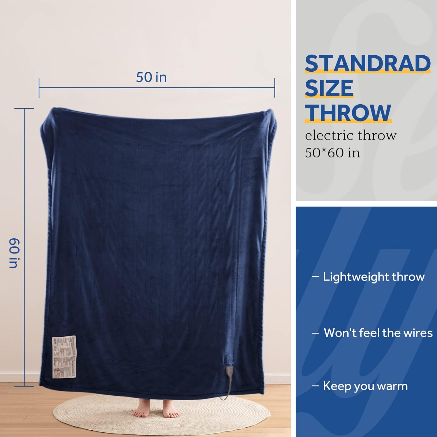 Sealy Electric Blanket Throw, Soft Flannel Heated Blanket with 6 Heat Settings & 2-10 Hours Auto Shut Off, Fast Heating & Machine Washable, 50x60 Inch, Navy - Image 7