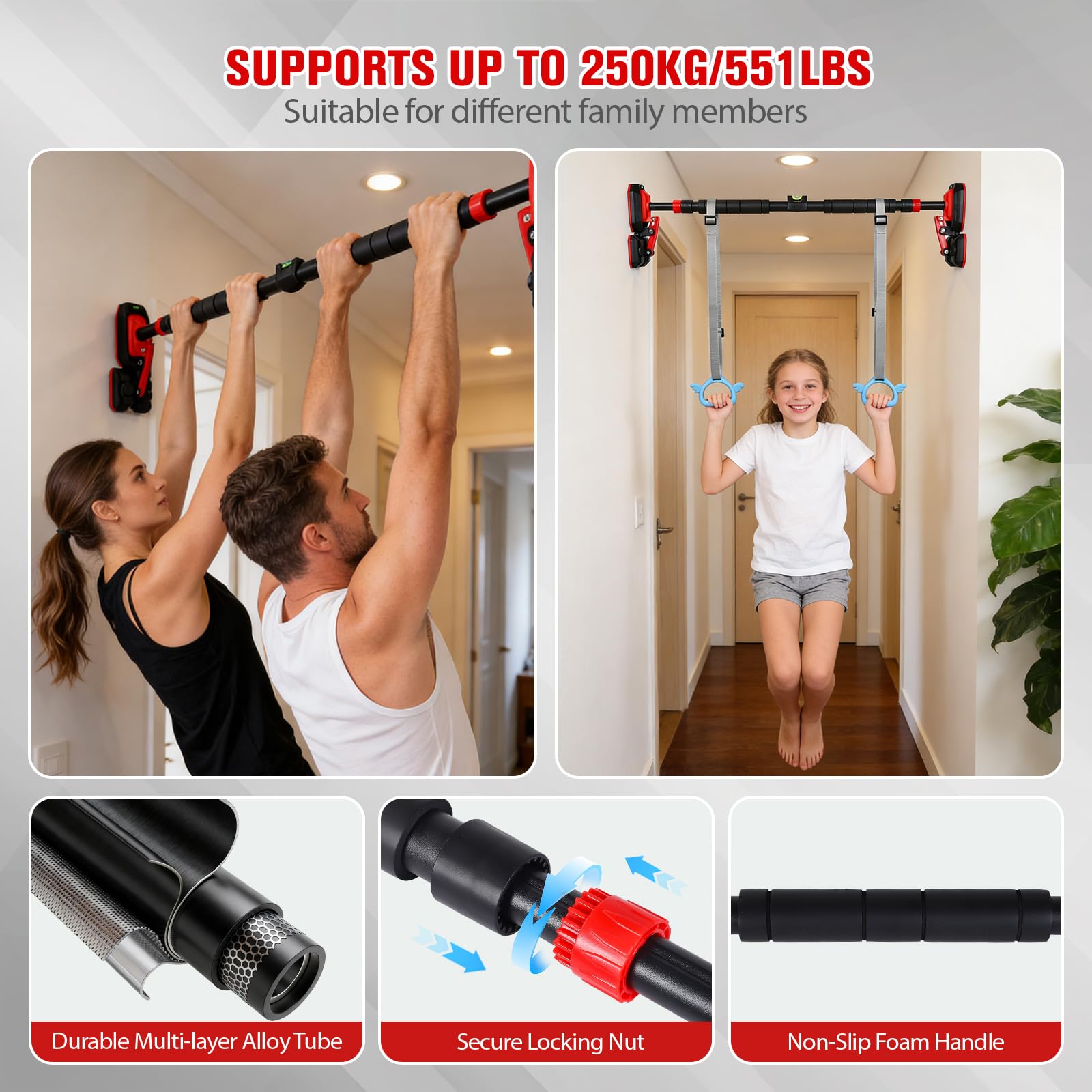 Barre de traction pour cadre de porte sans perçage 250 kg avec anneaux et