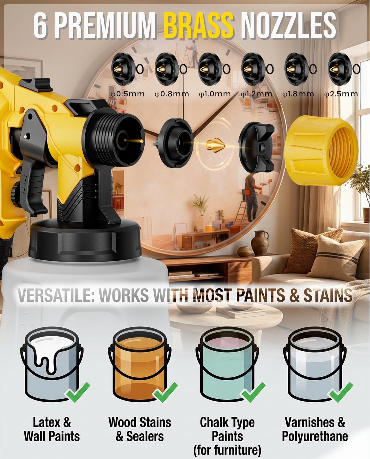 Paint Sprayer Indoor Outdoor, 1000W Electric Handheld HVLP Spray Paint Gun with 3 Patterns 6 Nozzles, Easy to Clean & Use, Stain Sprayer for House Painting, Furniture, Cabinets, Walls, Doors, Fences