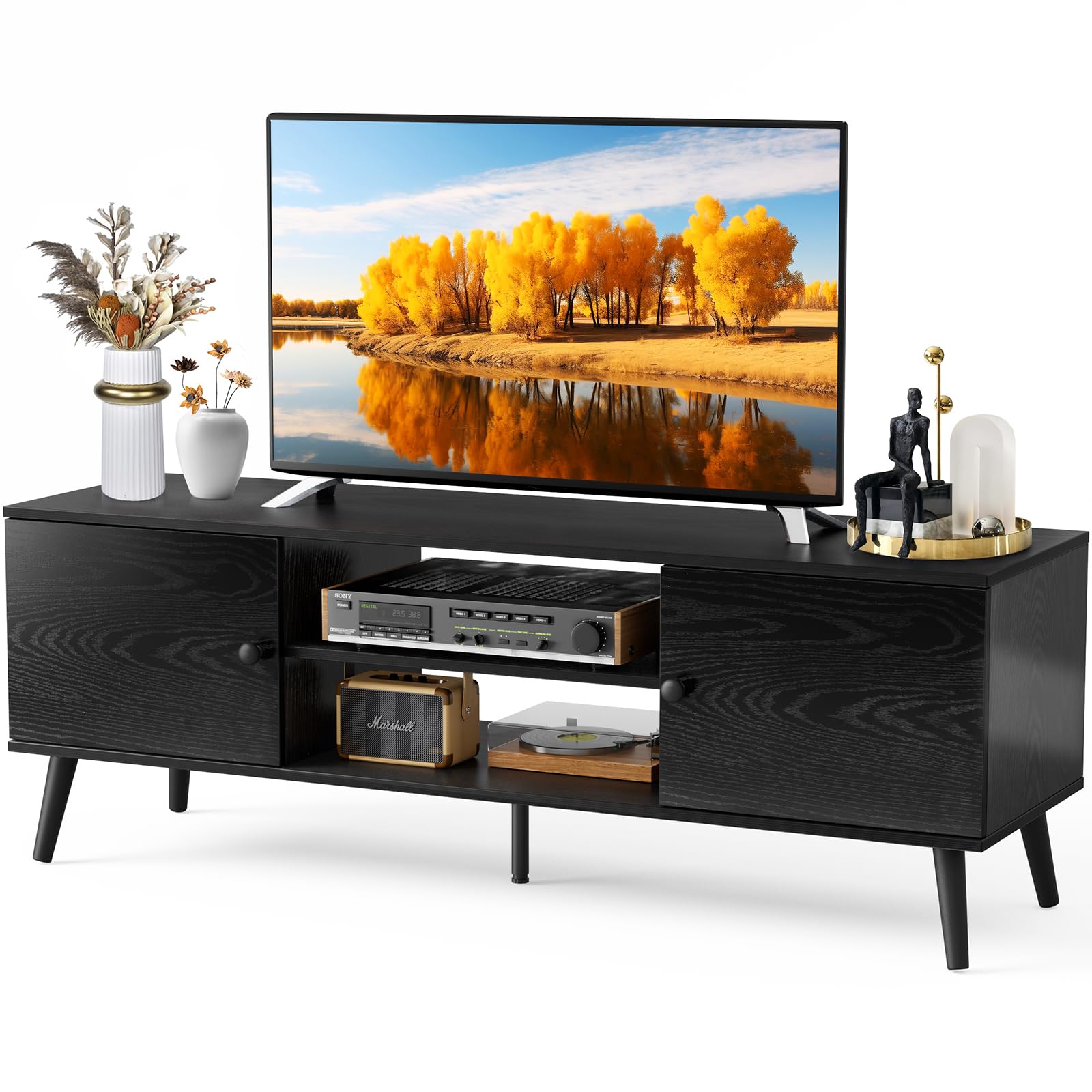 mid-century modern tv stand for 55-60 inch tvs, wooden entertainment console with storage, media table with 2 cabinets, soft-close hinges, handle doors, living room & office furniture?black