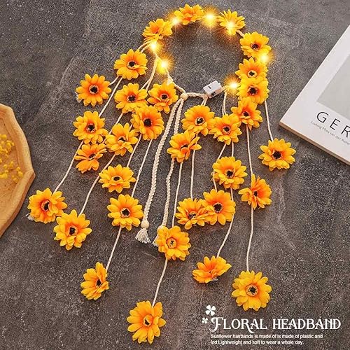 Miniatura 2 de CAKURE Diademas LED de girasol para rave, diadema de flores hippie iluminadas para mujeres (amarillo)